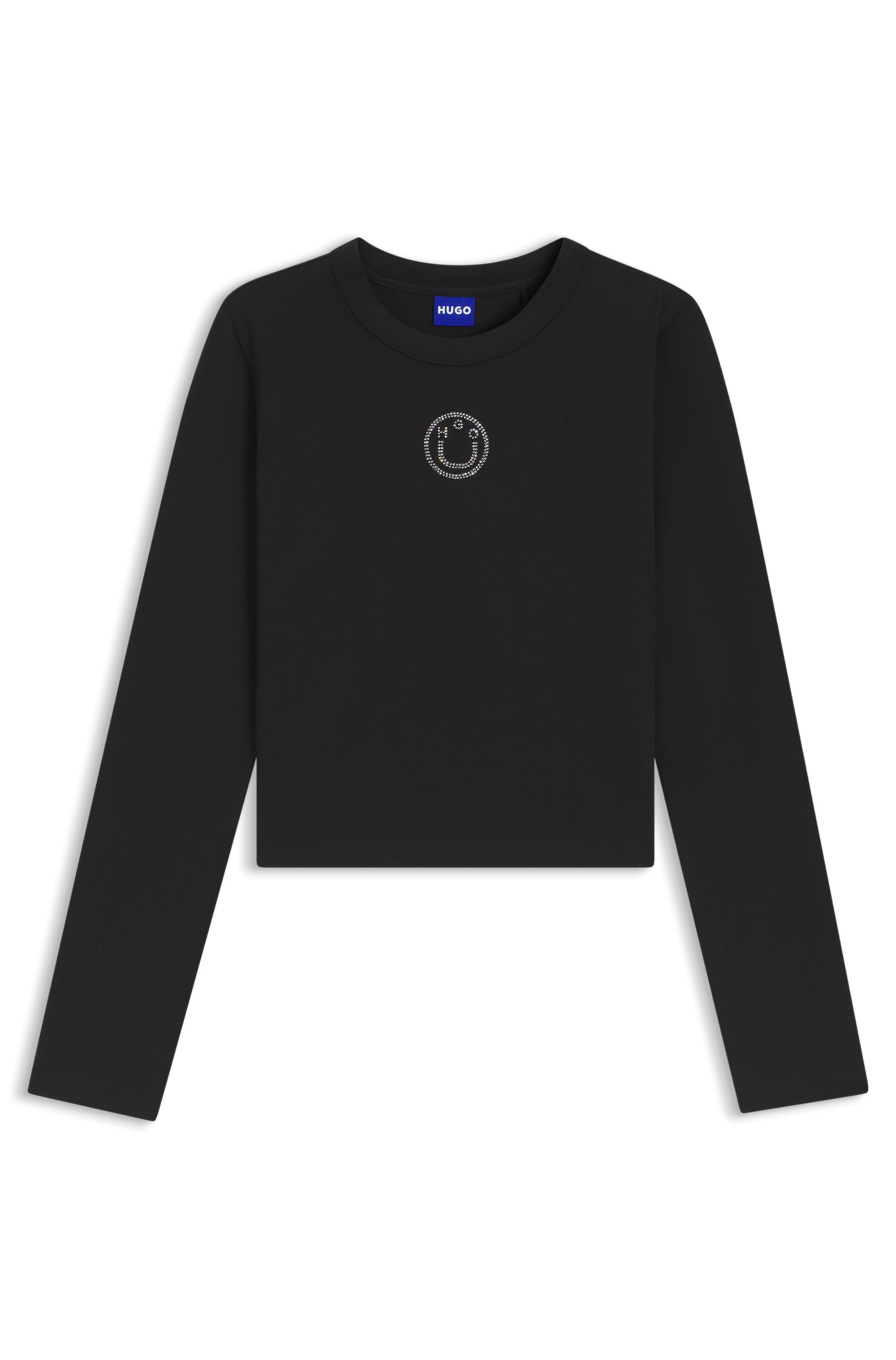 HUGO Blue Langarmshirt »Daliriee« cropped, Rundhals, mit Strassbesatz