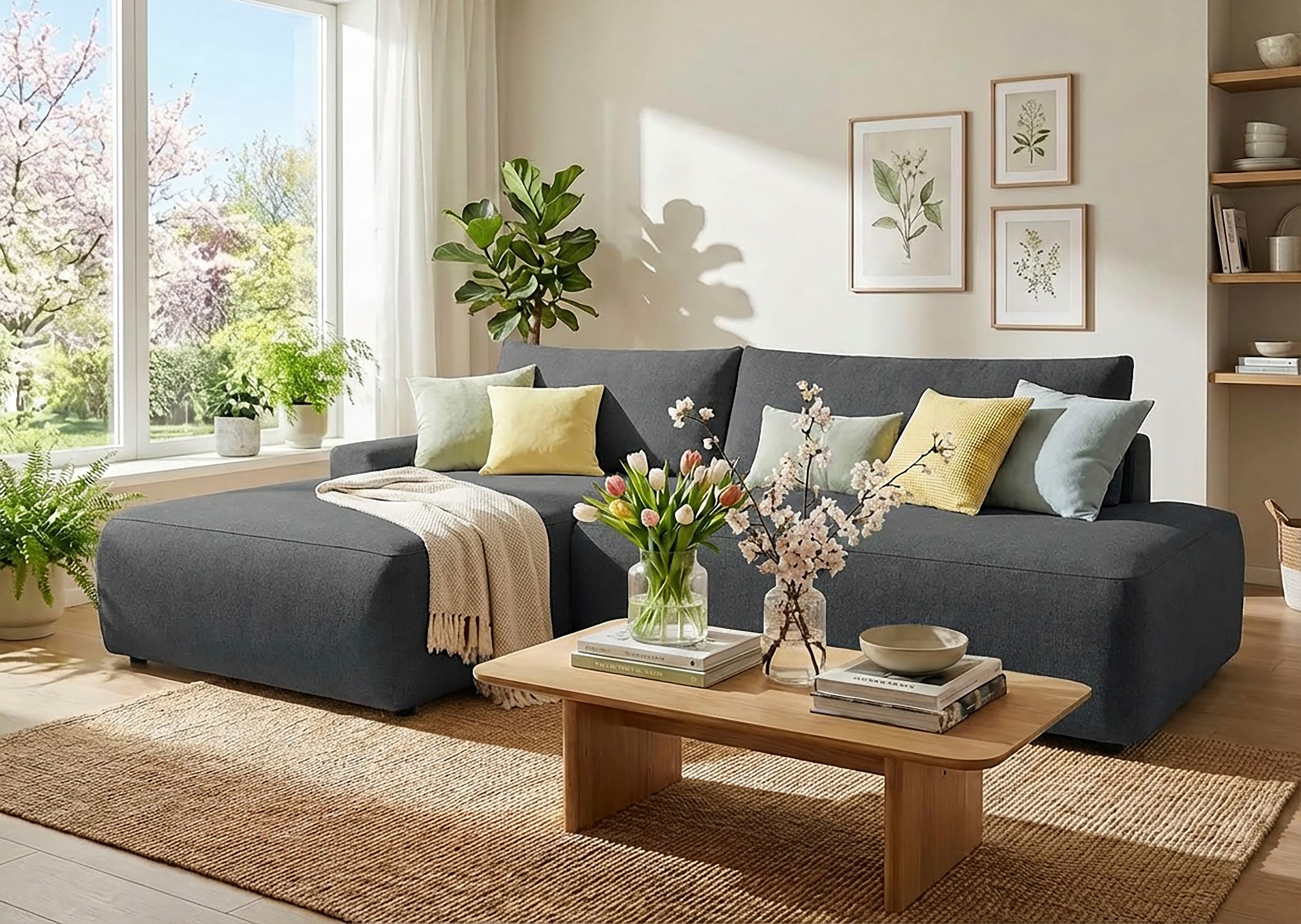 TRENDMANUFAKTUR Ecksofa "Prag, Schlafsofa mit Bettkasten, Couch in L-Form, Breite 253 cm" in feinem Strukturstoff, anthrazit, Recamiere links