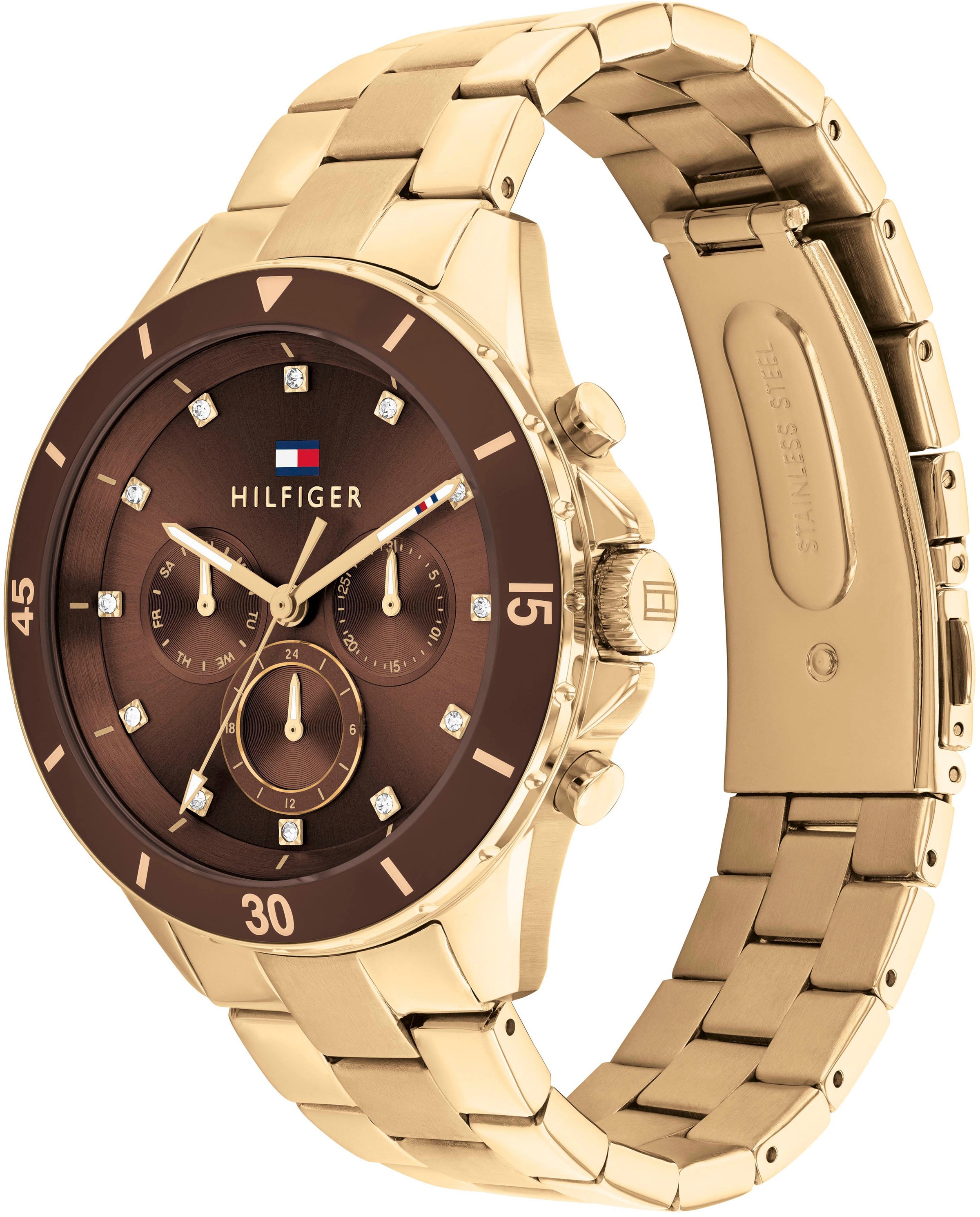 Tommy Hilfiger Multifunktionsuhr »Mellie«, Quarzuhr, Armbanduhr, Damen, Datum, Glaskristalle, 12/24-Std.-Anzeige