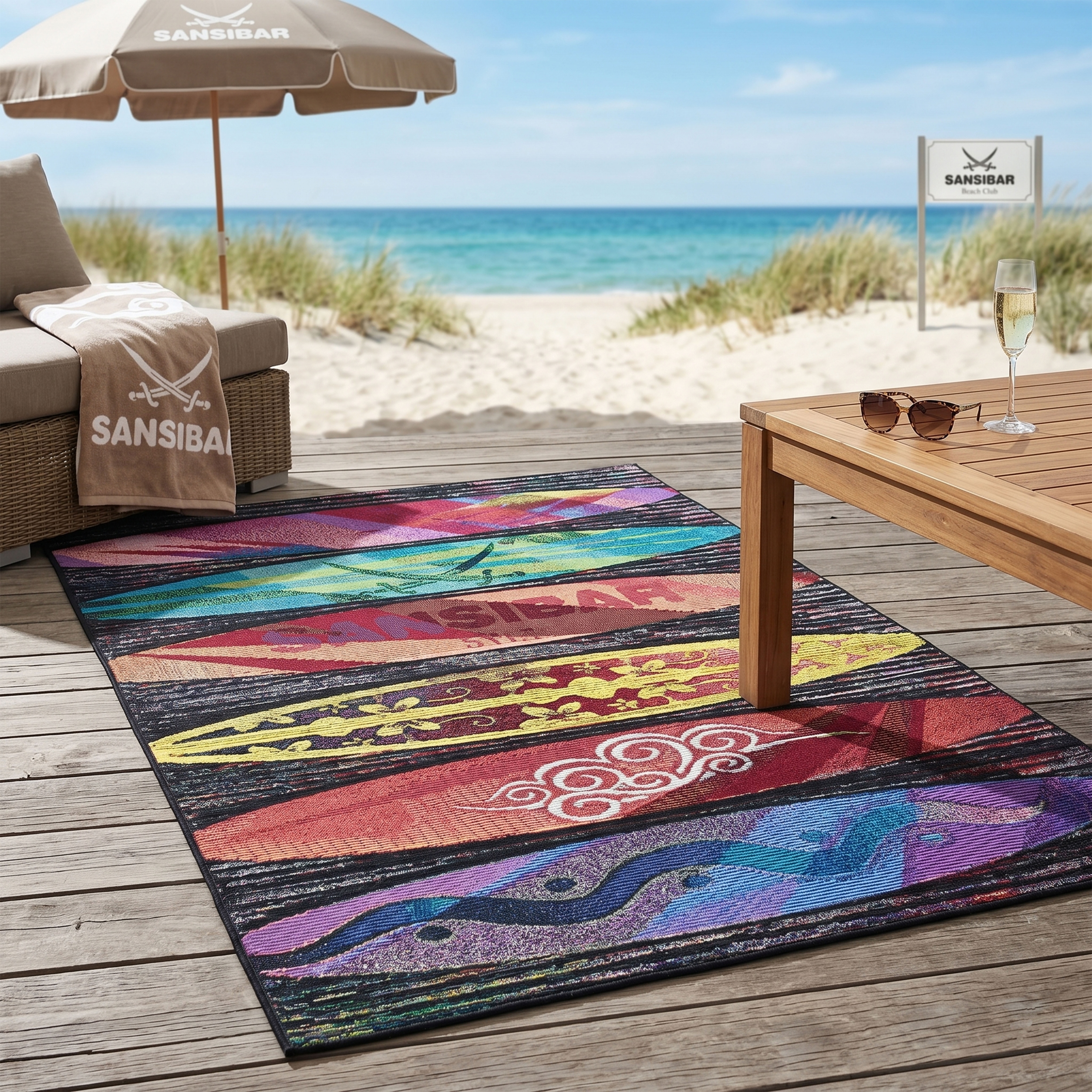Sansibar Teppich "Rantum Beach SA-016" rechteckig 5 mm Höhe Flachgewebe, modernes Design, Surfboards, In- und Outdoor geeignet