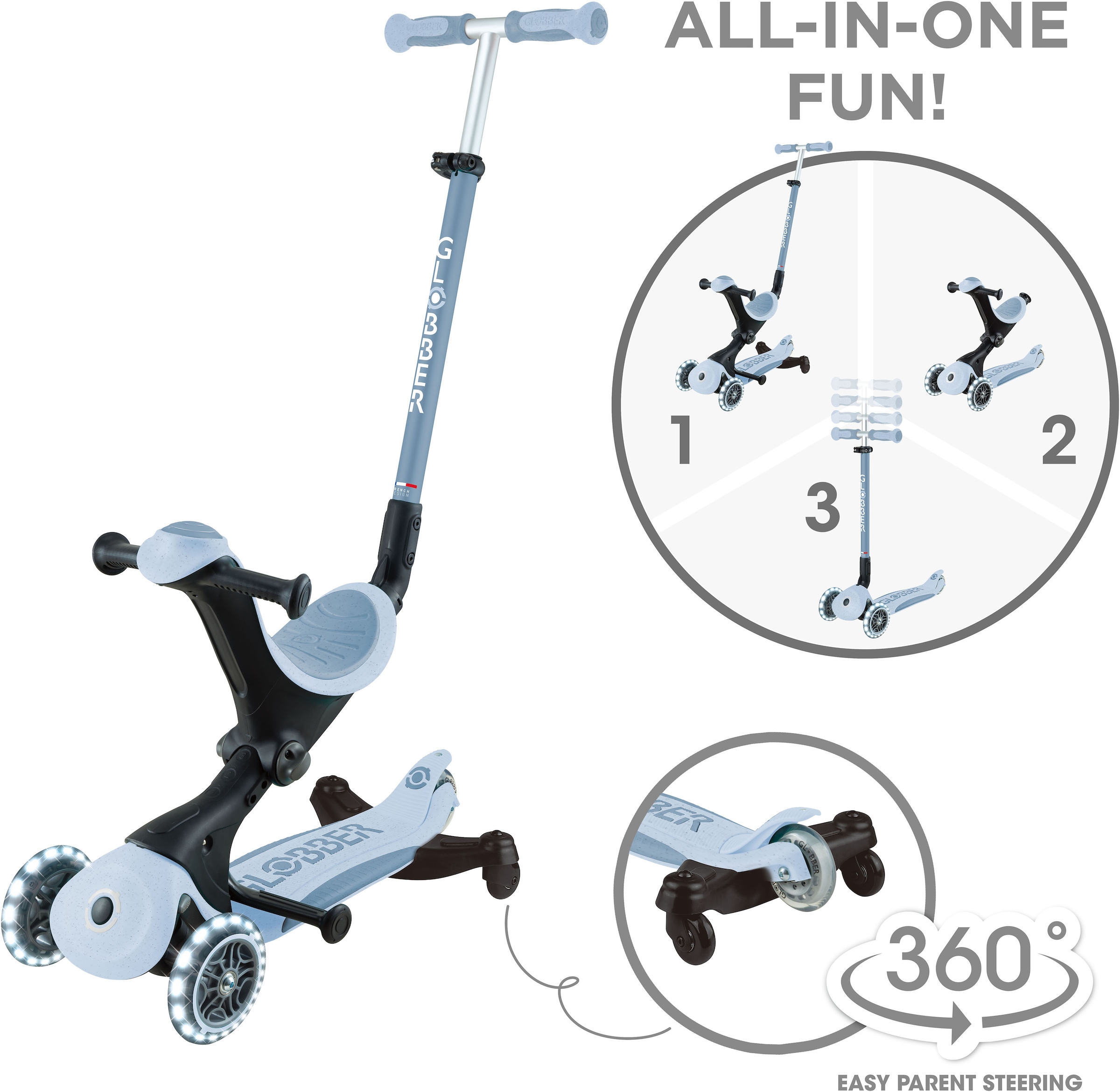 Globber Tretroller »GO-UP DELUXE LIGHTS ECO 360, mit Leuchtrollen« Aufsitzrad mit Schubstange, Laufrad und Scooter