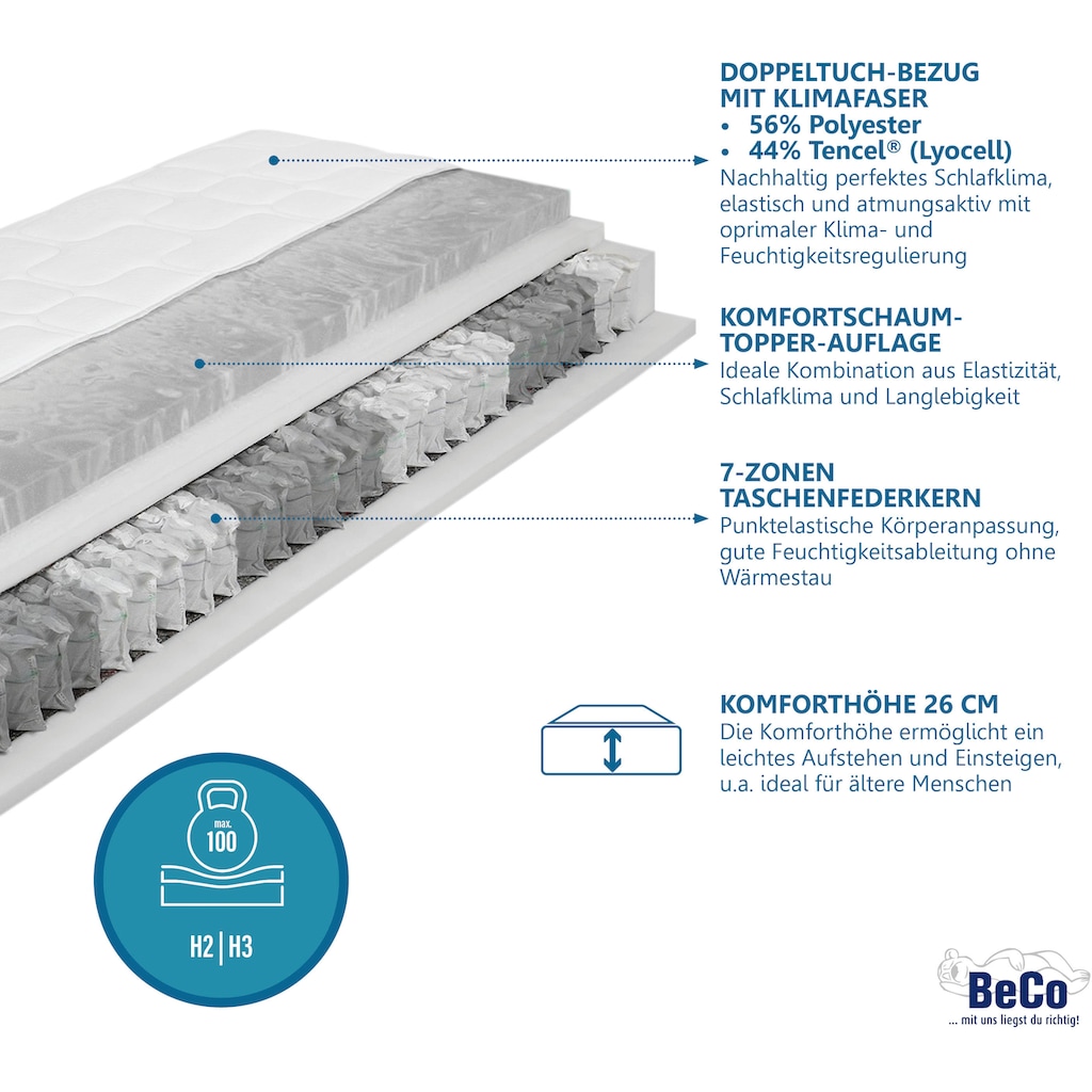 Beco Taschenfederkernmatratze »Royal Komfort KS«, 26 cm hoch, 480 Federn, (1 St.), komfortable Matratze in 90x200, 140x200 cm und weiteren Größen