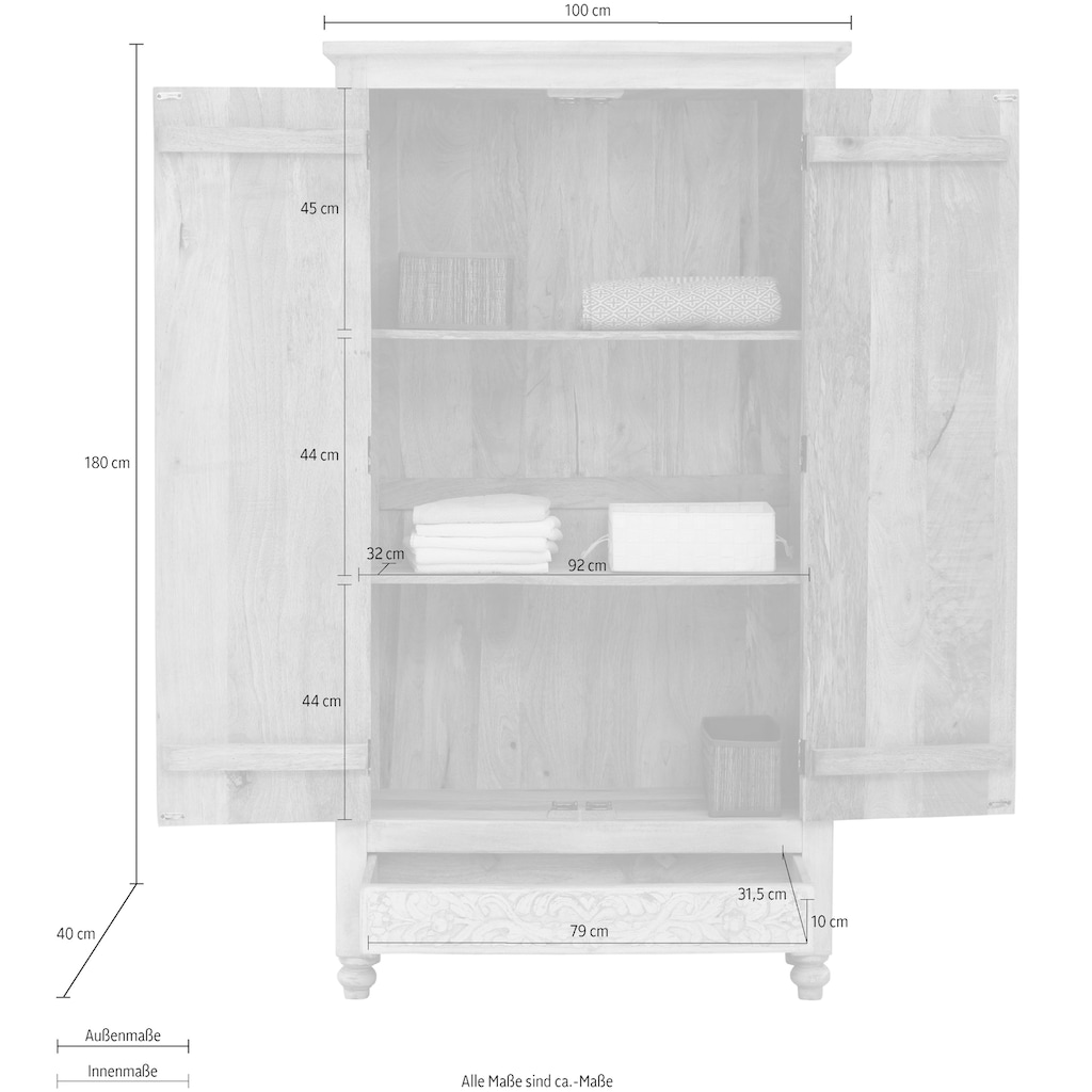 Home affaire Drehtürenschrank »Fenris«, pflegeleichtes Mangoholz, mit dekorativen Schnitzereien, Höhe 180 cm