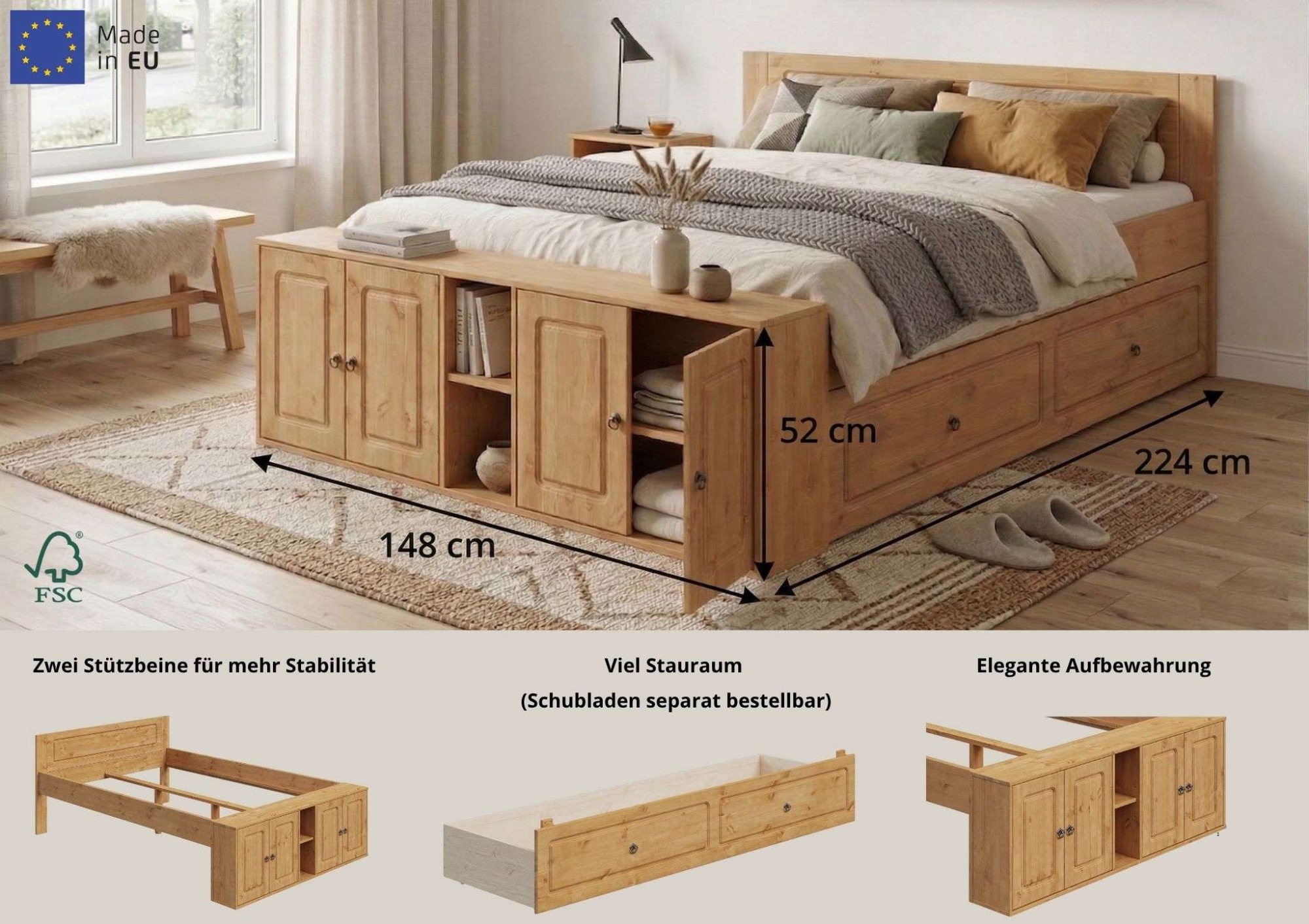OTTO home Massivholzbett »Paula, Bett, Stauraumbett, Holzbett, Bettgestell« (B/T/H: 148,8/224,4/82 cm,  aus massiver Kiefer, extra viel Stauraum im Fußteil, FSC®-zertifiziert