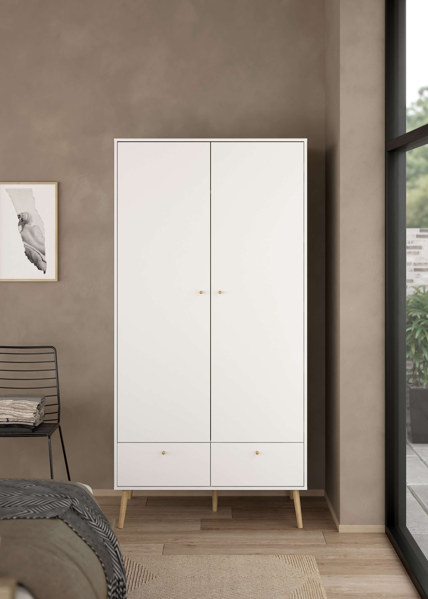 Home affaire Kleiderschrank "Bodo, Drehtürenschrank, Aufbewahrung Kasten Schrank Stauraum" 2 Türen, 2 Schubladen, Beine und Griffe Massivholz, Breite 99 cm