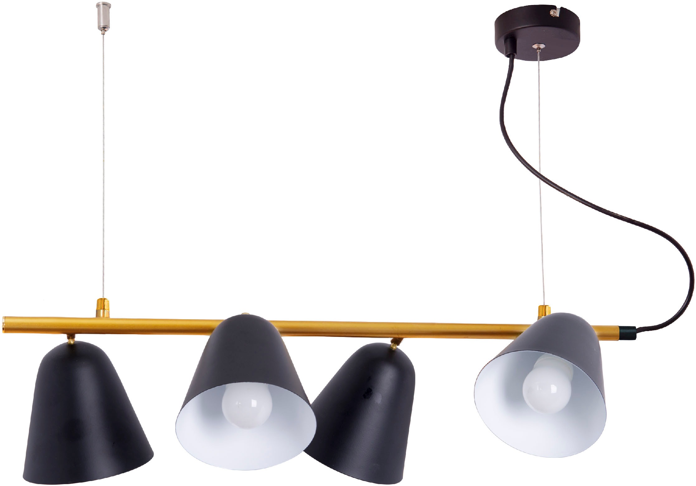 näve Pendelleuchte »Triton«, 4 flammig, Leuchtmittel E14 | ohne Leuchtmittel, 4er, Schirme außen schwarz innen weiß, Stange gold, E14. max. 40W