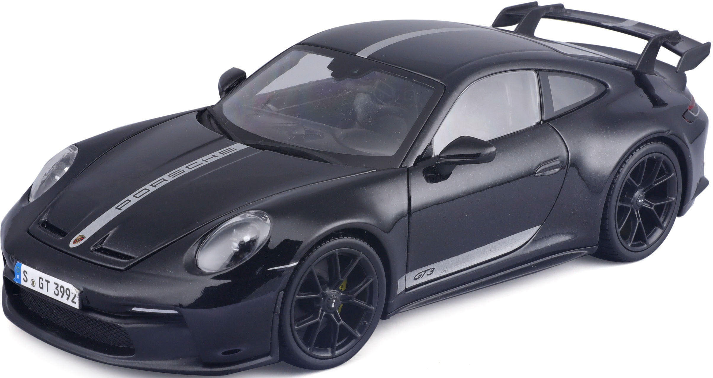 MAISTO Kinder Sammlerauto "1:18 Porsche 911 GT3, ́23, schwarz mit Streifen", schwarz, Kunststoff, Metallspritzguss, L:24cm, Modellfahrzeuge