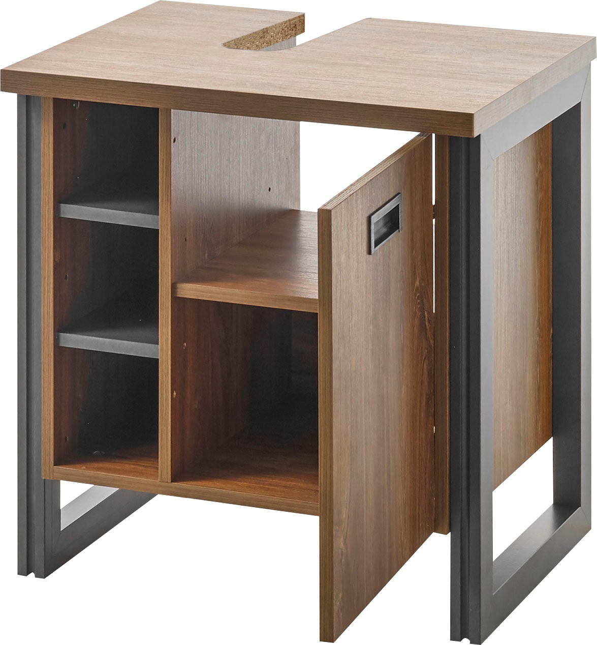 Home affaire Badmöbel-Set »Detroit, Bad im Industrialdesign, inkl. LED, 2-teiliges Badezimmer«, (2 St.), Unterschrank mit offenen Fächern & Stauraum, holzfarben, Rundspiegel