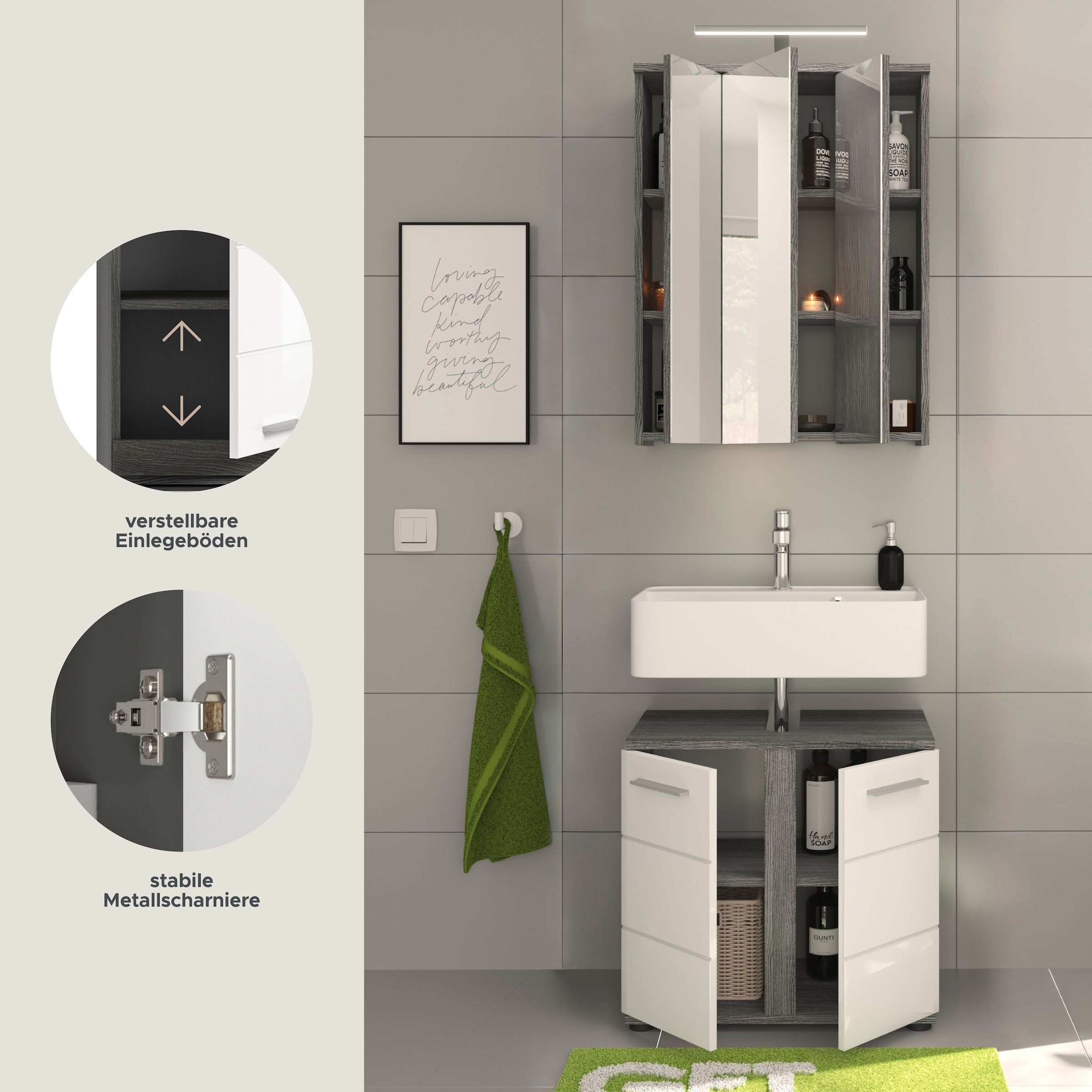 welltime Badmöbel-Set »LUCCA, 2 teilig, TOPSELLER!, inklusive LED Beleuchtung, bestehend aus:«, (Set, 2 St.), Waschbeckenunterschrank, Spiegelschrank, LED Badaufsatzleuchte