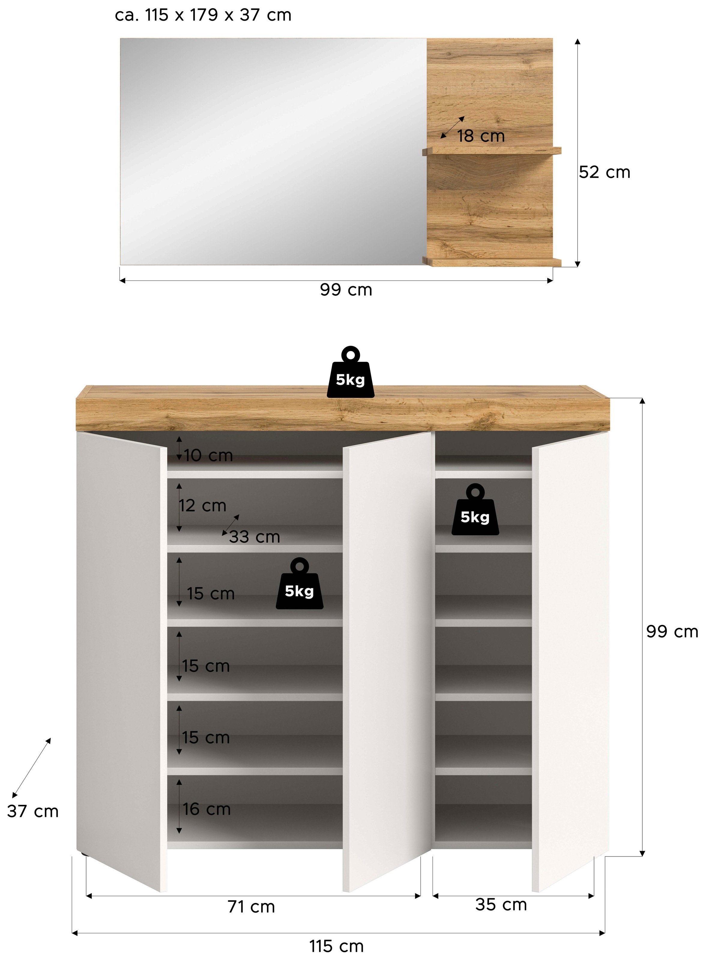 OTTO home Garderoben-Set »MAMBO, TOPSELLER!, 2-teilige Kombination, stehend & hängend montierbar« bestehend aus: Kommode, Spiegel, 2 Stk. tlg.