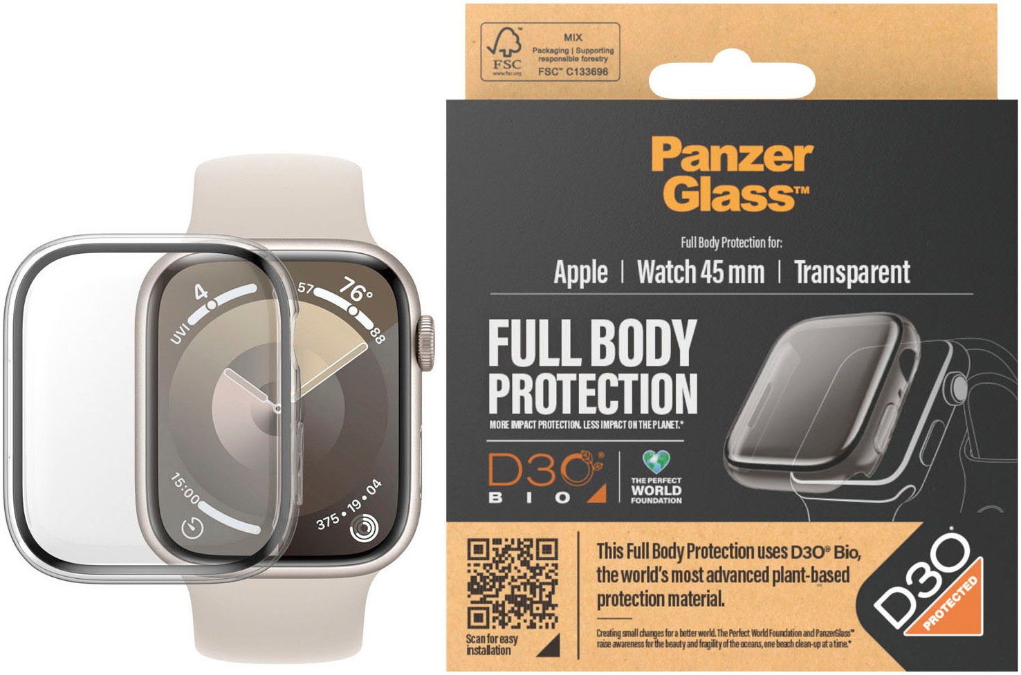PanzerGlass Displayschutzglas »Displayschutz Full Body Apple Watch Series 9«, für Apple Watch 9 45mm, (1 St.), Kratz-& Stoßfest, Antibakteriell, mit D3O