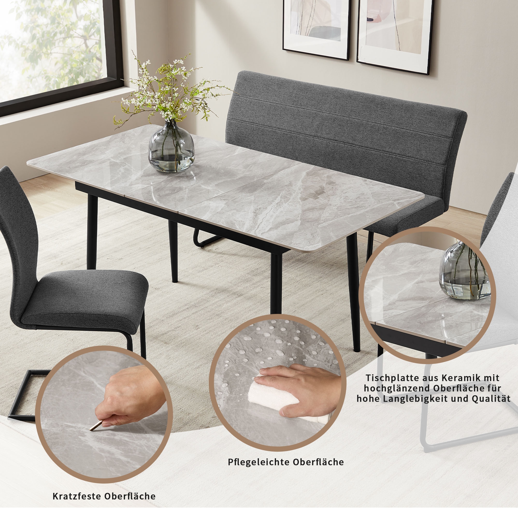 OTTO home Essgruppe »Stevian« Set, Ausziehbarer Esstisch + Bank + 2 Stühle, 4 Stk. tlg. Holz, Strukturstoffbezug, Freischwingerstühle, gesteppten Bänken