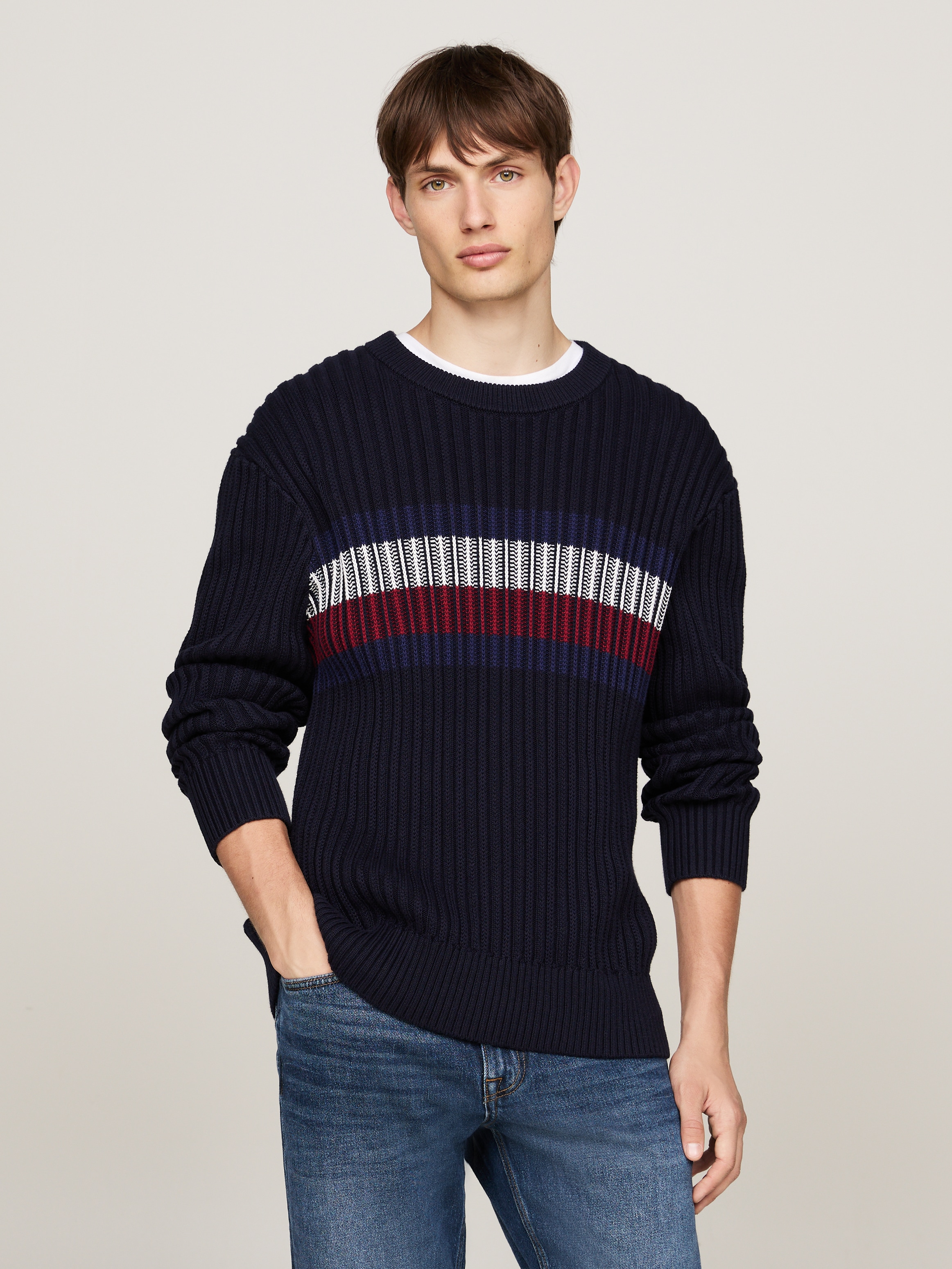 Tommy Hilfiger Rundhalspullover "GLOBAL STRIPE CHUNKY RIB C NK", mit auffälligem Color Block-Design