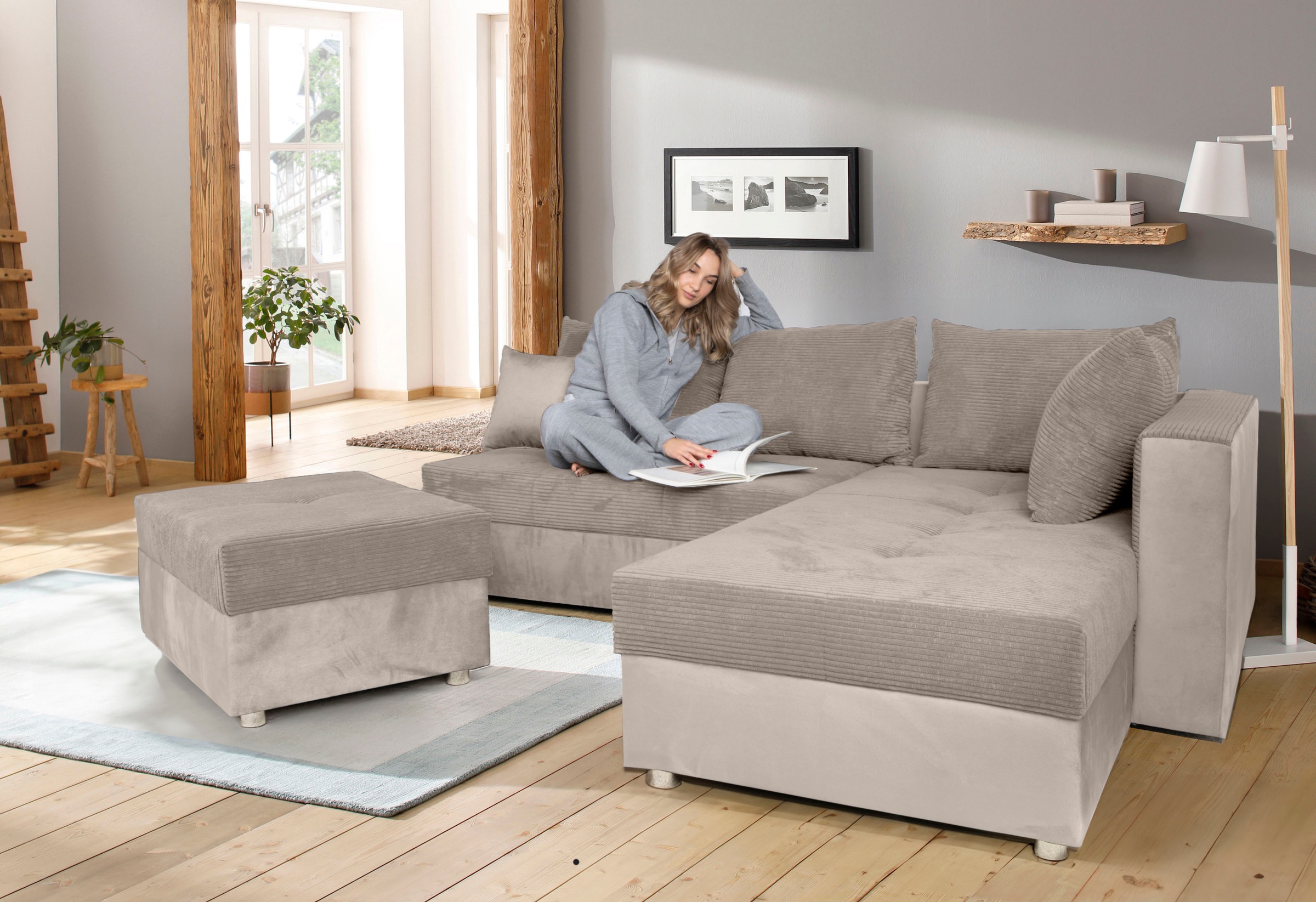 COLLECTION AB Ecksofa "Italia L-Form, B: 217 cm" Schlaffunktion, Bettkasten & 1 Zierkissen, Federkern