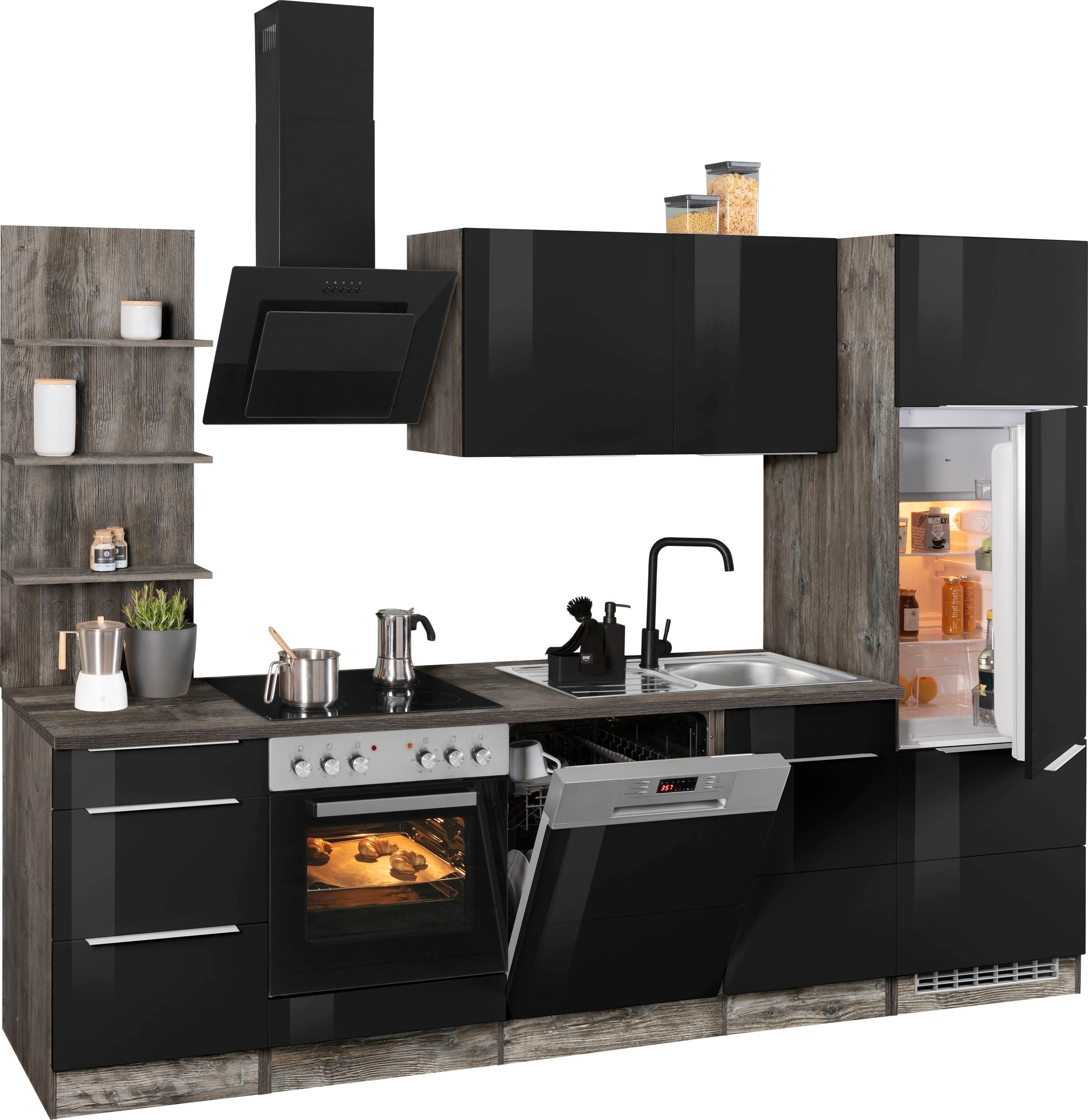 KOCHSTATION Küchenzeile »KS-Brindisi«, Breite 280 cm, wahlweise mit E-Geräten, mit MDF-Fronten und Regal
