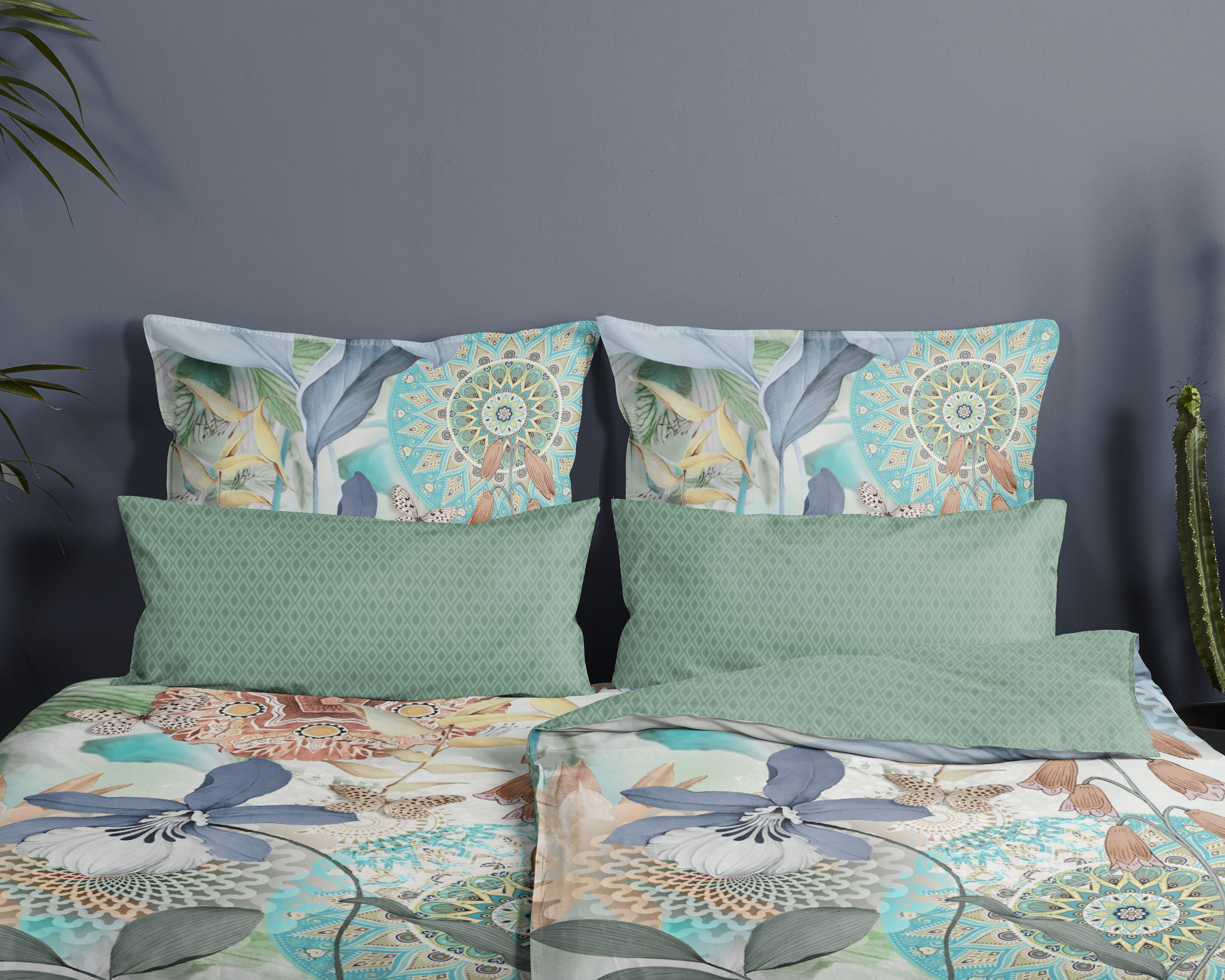 Thumbnail - hip Wendebettwäsche "ZEPHIR" 3 Stk. tlg. Mako-Satin, 135x200, Reißverschluss, Wendeoptik, Mandala, Blumen, Grün