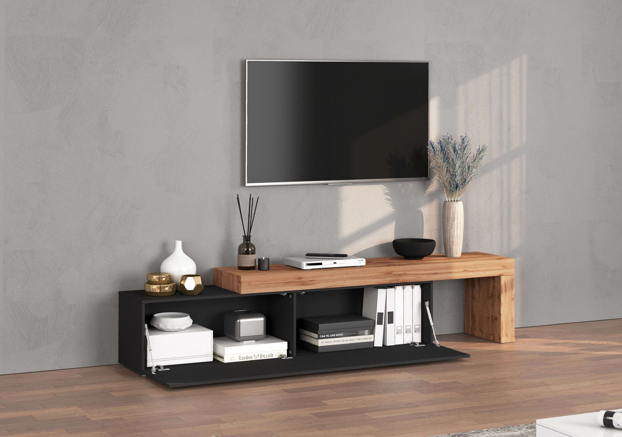 INOSIGN TV-Board »Chronos TV-Board, Lowboard«, (1 St., Breite verstellbar von 190 bis 350 cm), Breite 270 cm TV-Board,Lowboard,1 Klappe und ein L-Förmiger Aufsatz