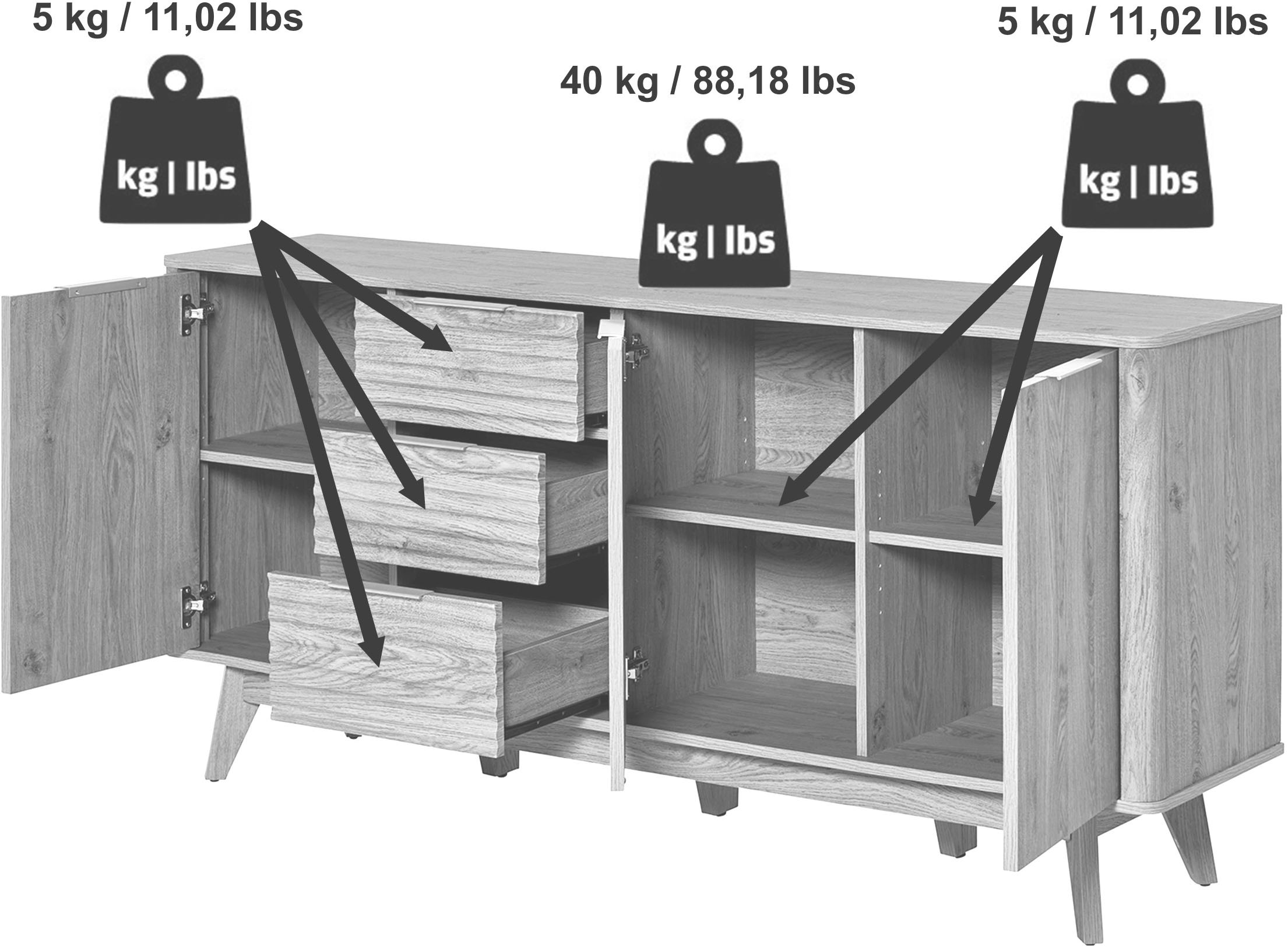 Jahnke Sideboard »WAVE SB 170«, (1 St.), Sideboard, 3 Schubladen + 3 Türen, Wellendesign, Breite 169,5 cm