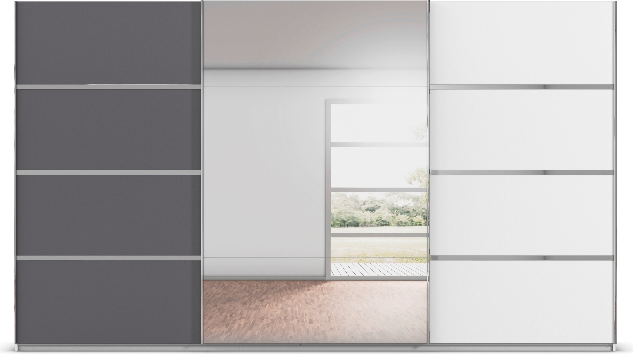 rauch Kleiderschrank »Schwebetürenschrank Garderobe Schrank TOP ANGEBOT Avola«, (in 3 verschiedenen Ausstattungen BASIC/CLASSIC/PREMIUM inkl. Spiegel), mit eleganten Zierleisten in Chrom, Schwarz oder Weiß MADE IN GERMANY