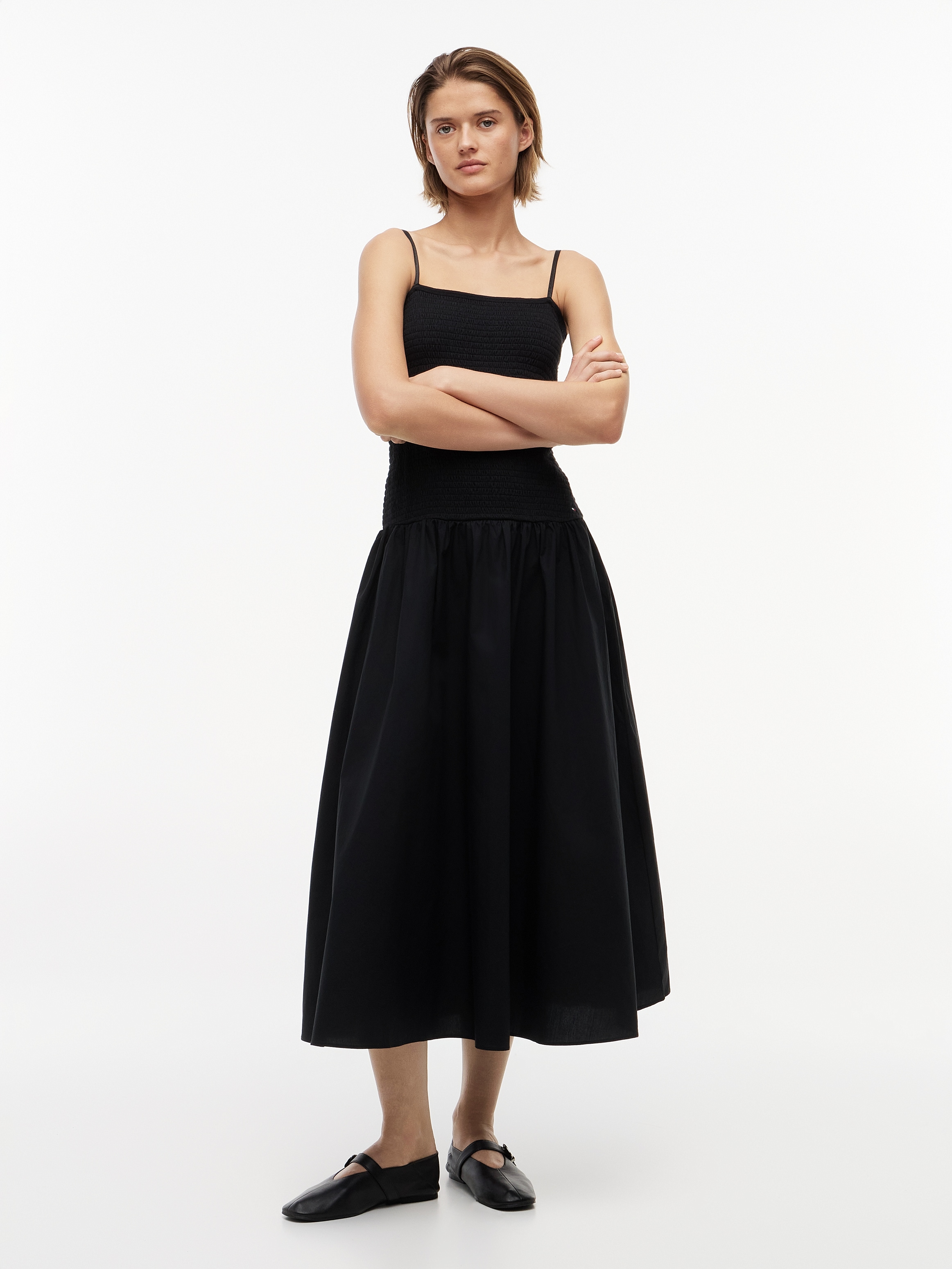 Tommy Jeans Trägerkleid "TJW SMOCK FABRIC MIX MAXI DRESS" Baumwolle, gesmoktes Oberteil, schmale Träger