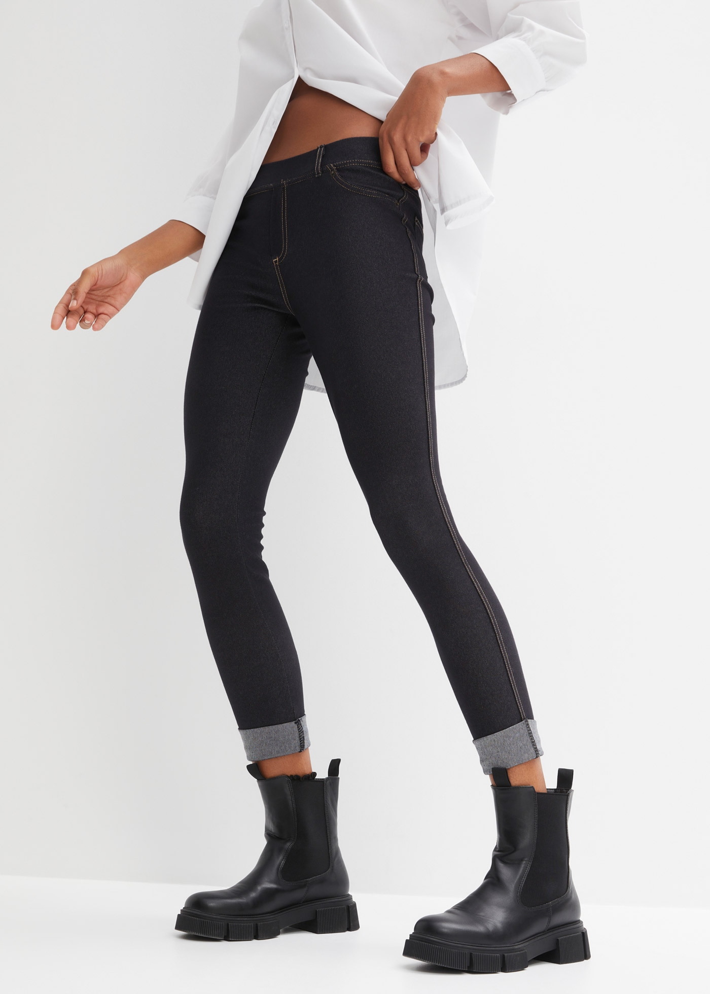 Jeggings BONPRIX "Leggings in Jeansoptik aus Baumwoll-Mix", Damen, Gr. 48/50 (XL), N-Gr, schwarz (schwarz denim), Jersey, Obermaterial: 70% Baumwolle, 25% Polyester, 5% Elasthan, unifarben, skinny fit ca. Mitte Wade, Hosen Jeggings, schmale Skinny-Fit-Pas