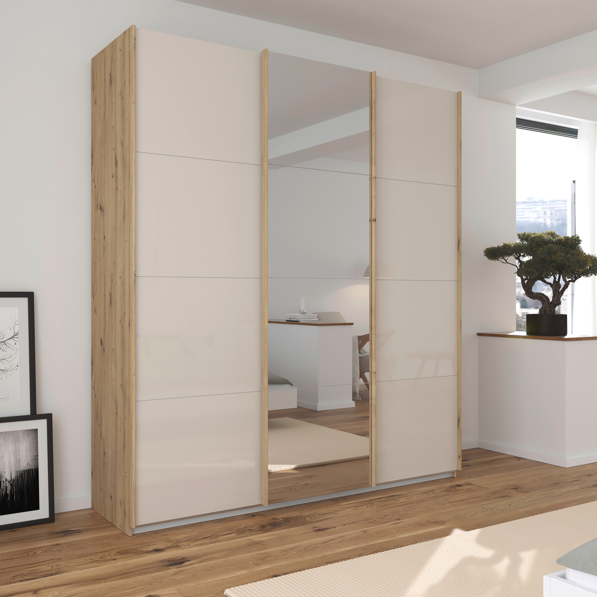 rauch Schwebetürenschrank »Kleiderschrank Kleiderschränke Schrank Garderobe AGORDO mit Glasfront«, durchdachte Innenausstattung, in 4 Breiten und 2 Höhen MADE IN GERMANY