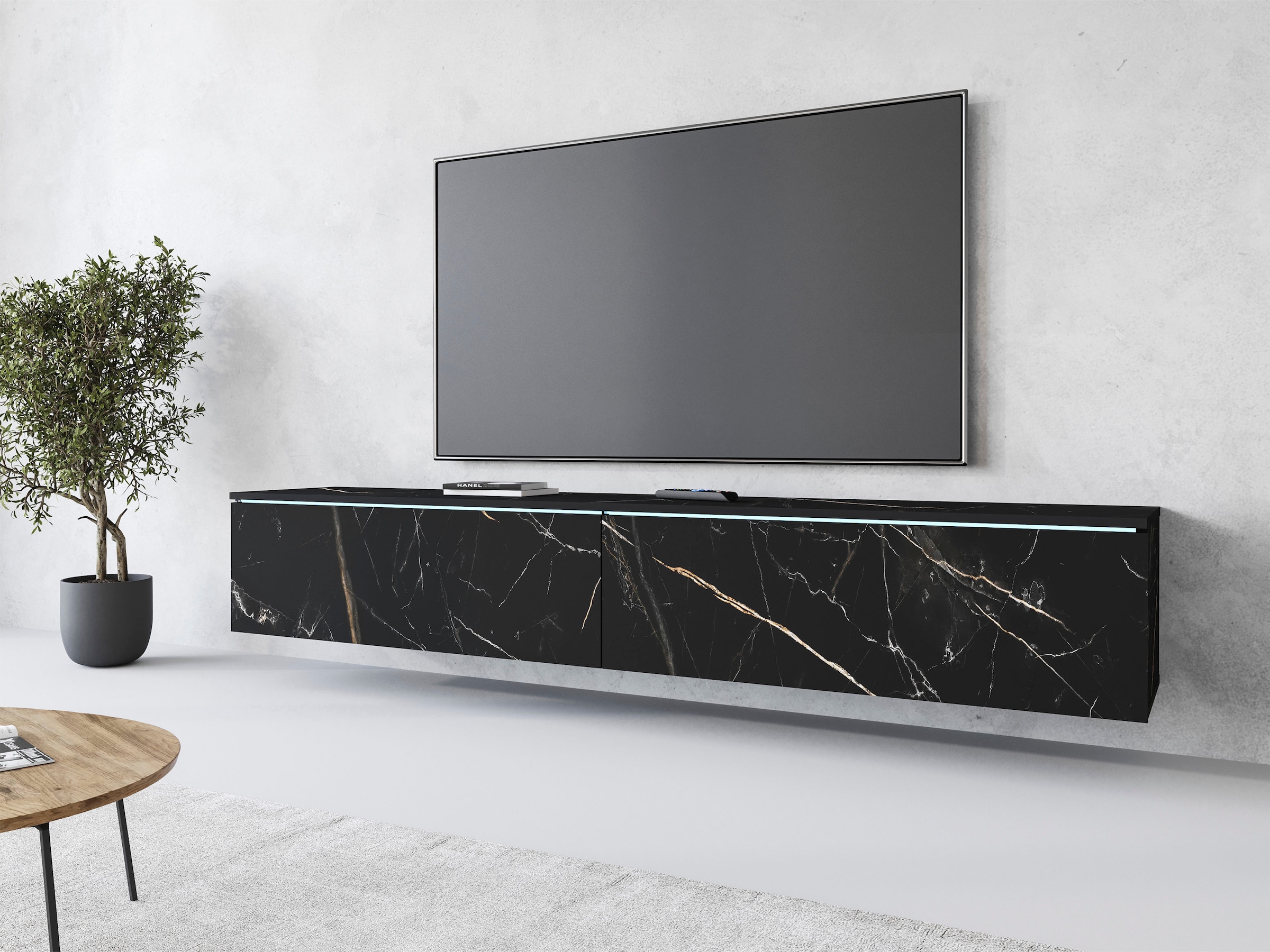 INOSIGN Lowboard »LOWBOARD VERA, wahlweise mit oder ohne Beleuchtung«, Modernes griffloses TV-Board, 180 cm TV-Schrank, stehend und hängend