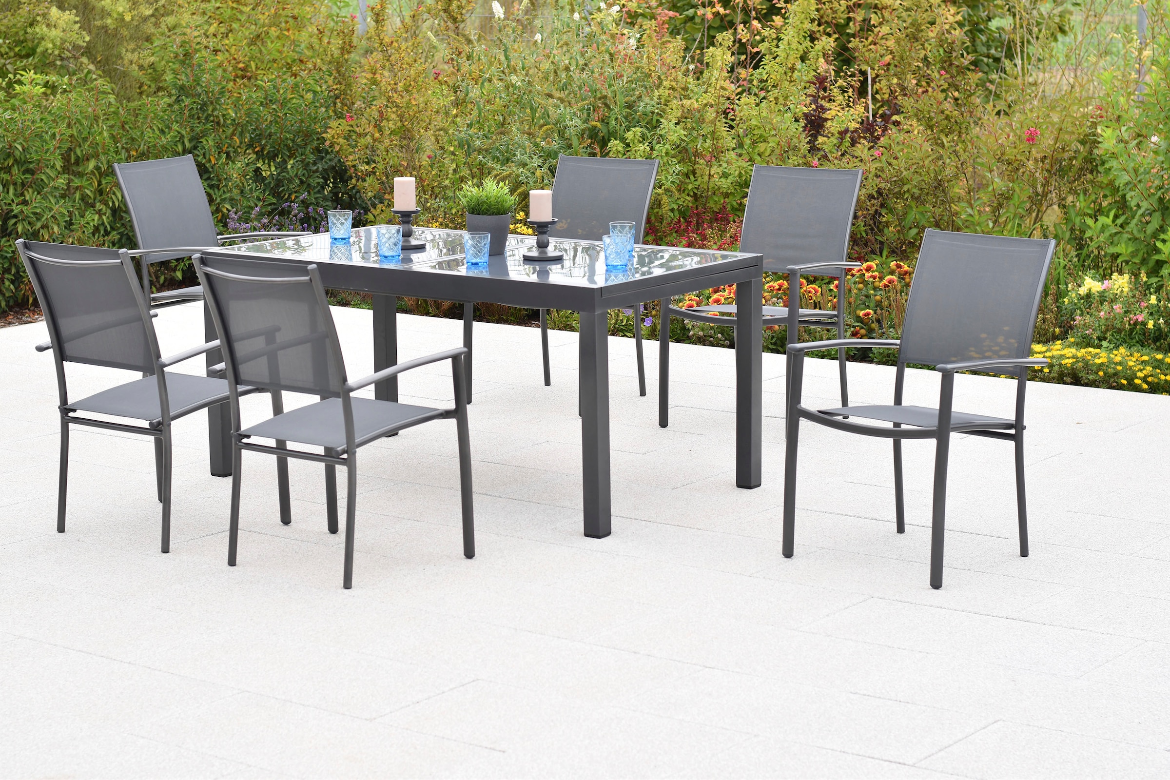 MERXX Garten-Essgruppe »»Milano««, (Set, 7 tlg.), Sessel stapelbar, Tisch ausziehbar