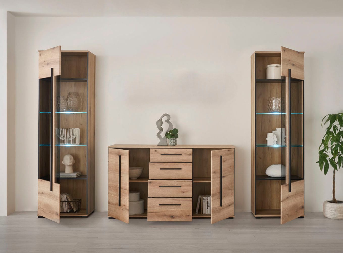INOSIGN Wohnwand »Cantara, moderne Anbauwand, Wohnzimmer-Set, in Eiche Evoke oder Weiß«, (Set), enthält zwei Vitrinen und ein Sideboard