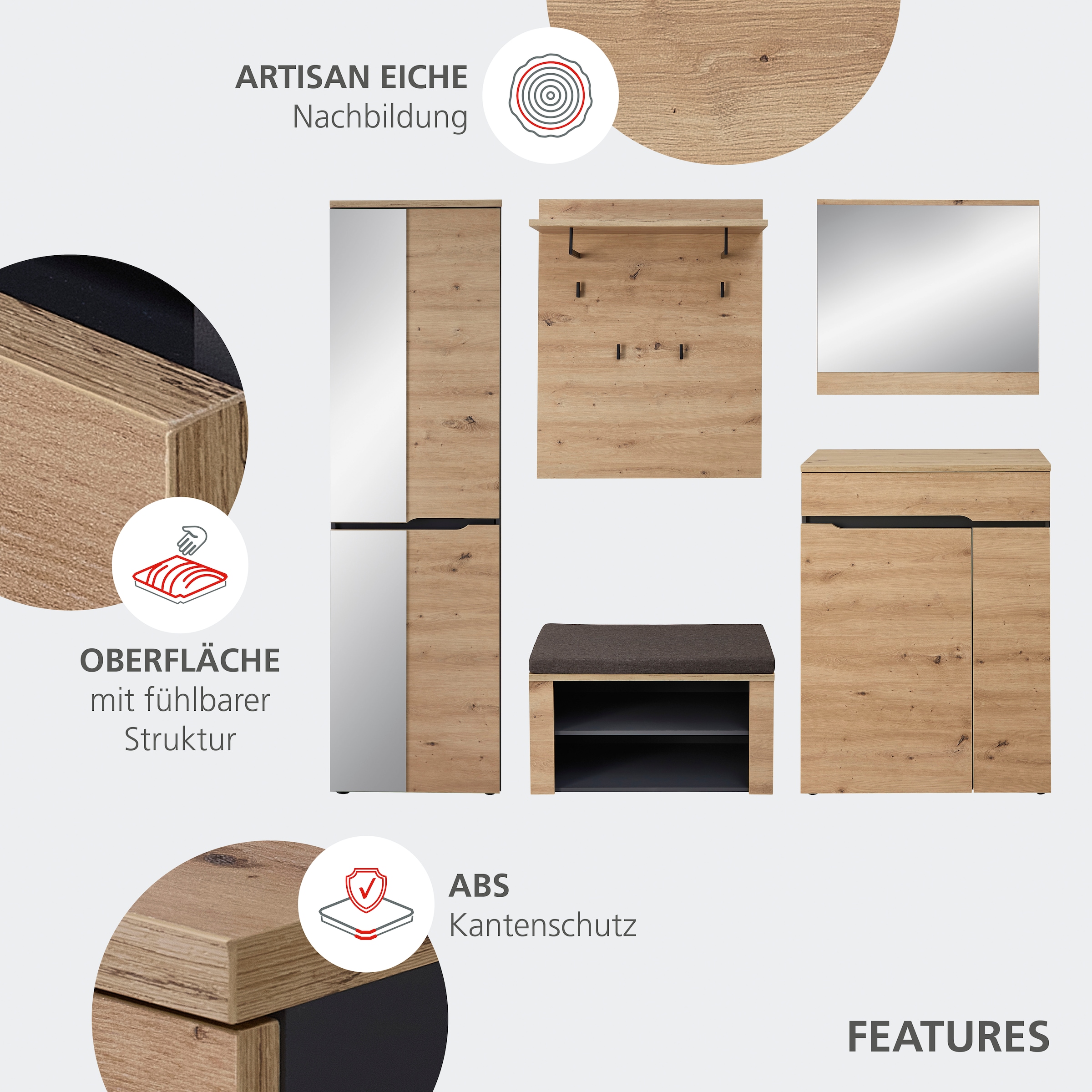 Innostyle Garderobenschrank »Fargo Garderobenschrank, 55/192/38 (B/H/T cm)«, (1 St.), 4 türig, Spiegel, Softclose, Kleiderstange