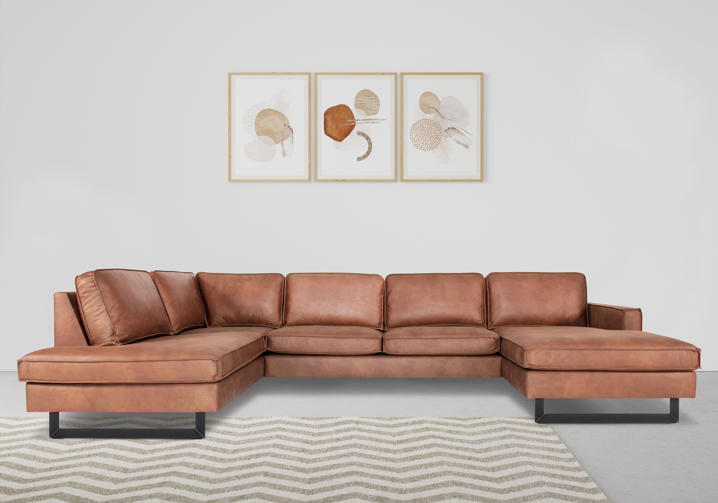 Places of Style Wohnlandschaft »Pinto, 350 cm, U-Form, XXL, mit Ottomanen«, Cord, Chenille, Lederoptik, mit Keder, Metallfüße, Wellenunterfederung