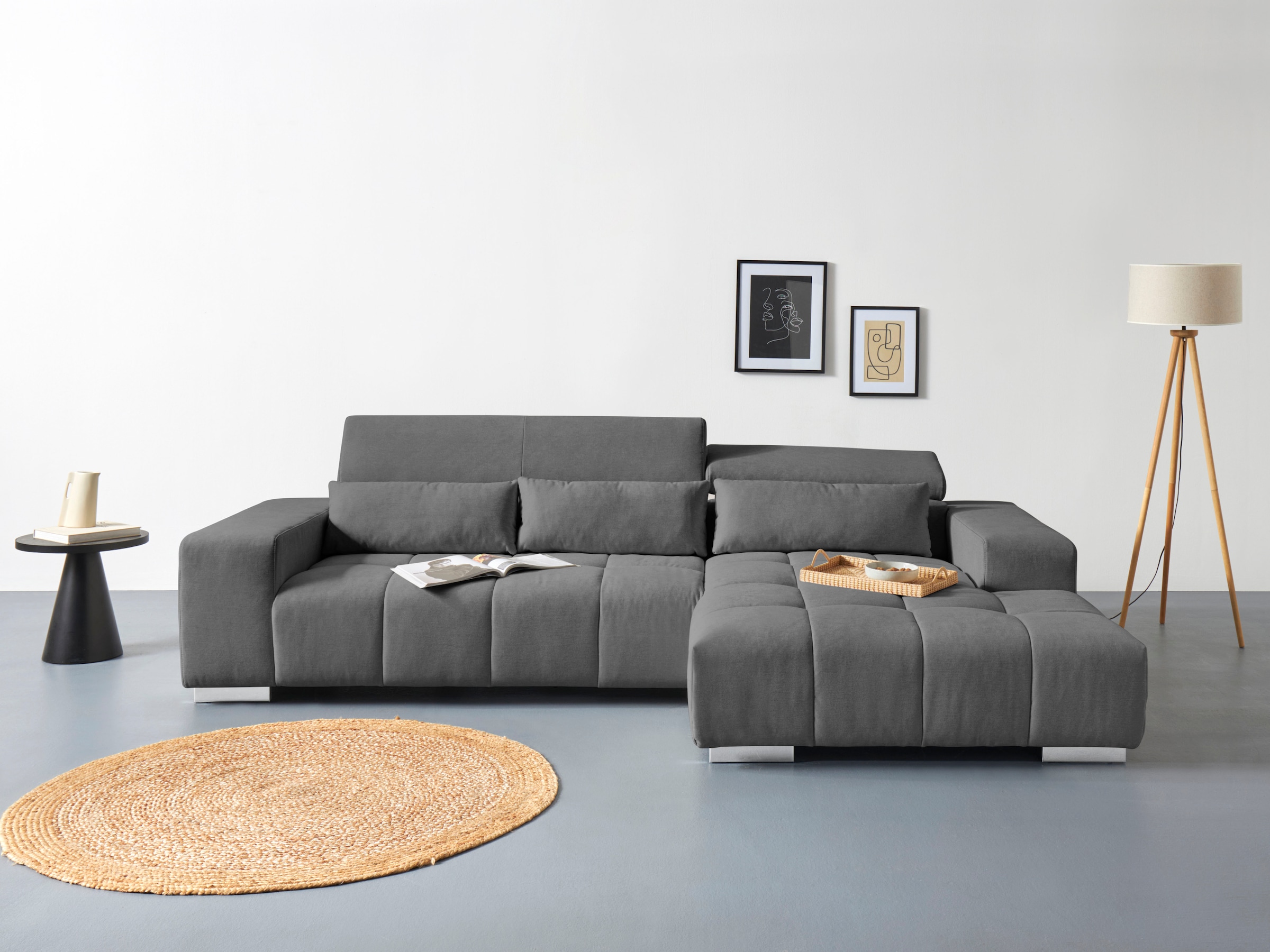 COTTA Ecksofa "Orion L-Form, B: 307 cm, moderne Steppung, bequeme Wellenunterfederung" 2x Kopfteilverstellung & 3 Nierenkissen