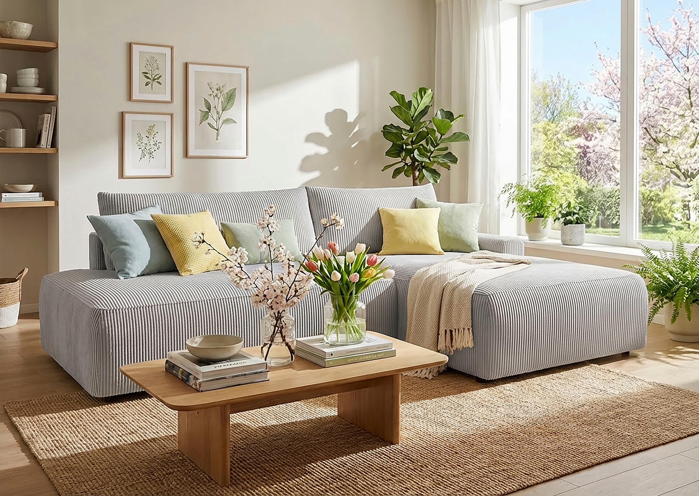 TRENDMANUFAKTUR Ecksofa "Prag, Schlafsofa mit Bettkasten, Couch in L-Form, Breite 253 cm" in Cordstoff HYPER, betongrau, Recamiere rechts