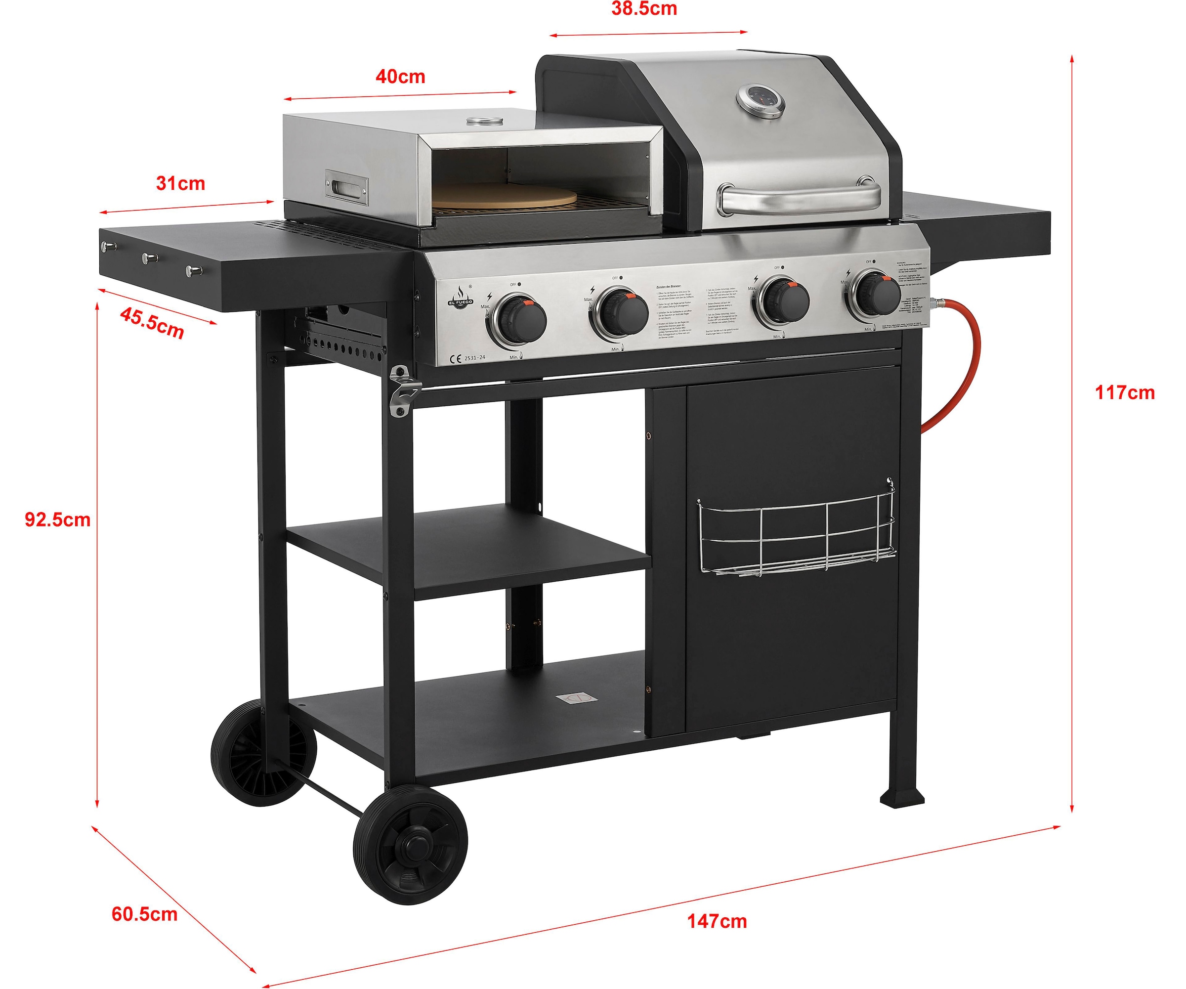 El Fuego Gasgrill »Kombigrill 3-in-1 Boston«, inkl. Pizzastein und Planchaplatte als Zubehör