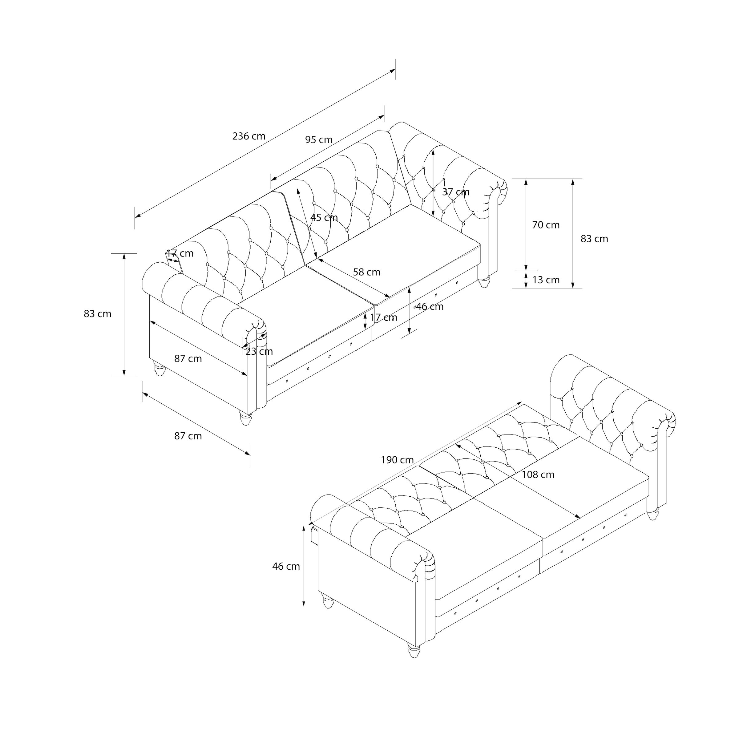 Dorel Home 3-Sitzer »Felix II, Schlafsofa 236cm, (Liegefläche 108x190cm), Rückenlehne«, 3-fach verstellbar, Sitzhöhe 46 cm, Cord