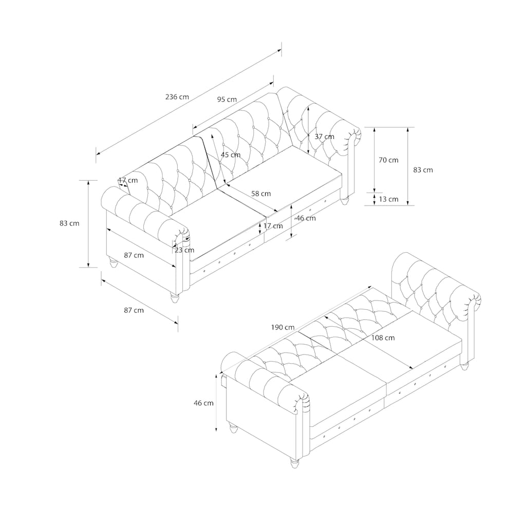 Dorel Home 3-Sitzer »Felix, Schlafsofa 236 cm, (Liegefläche 108x190cm), Rückenlehne«