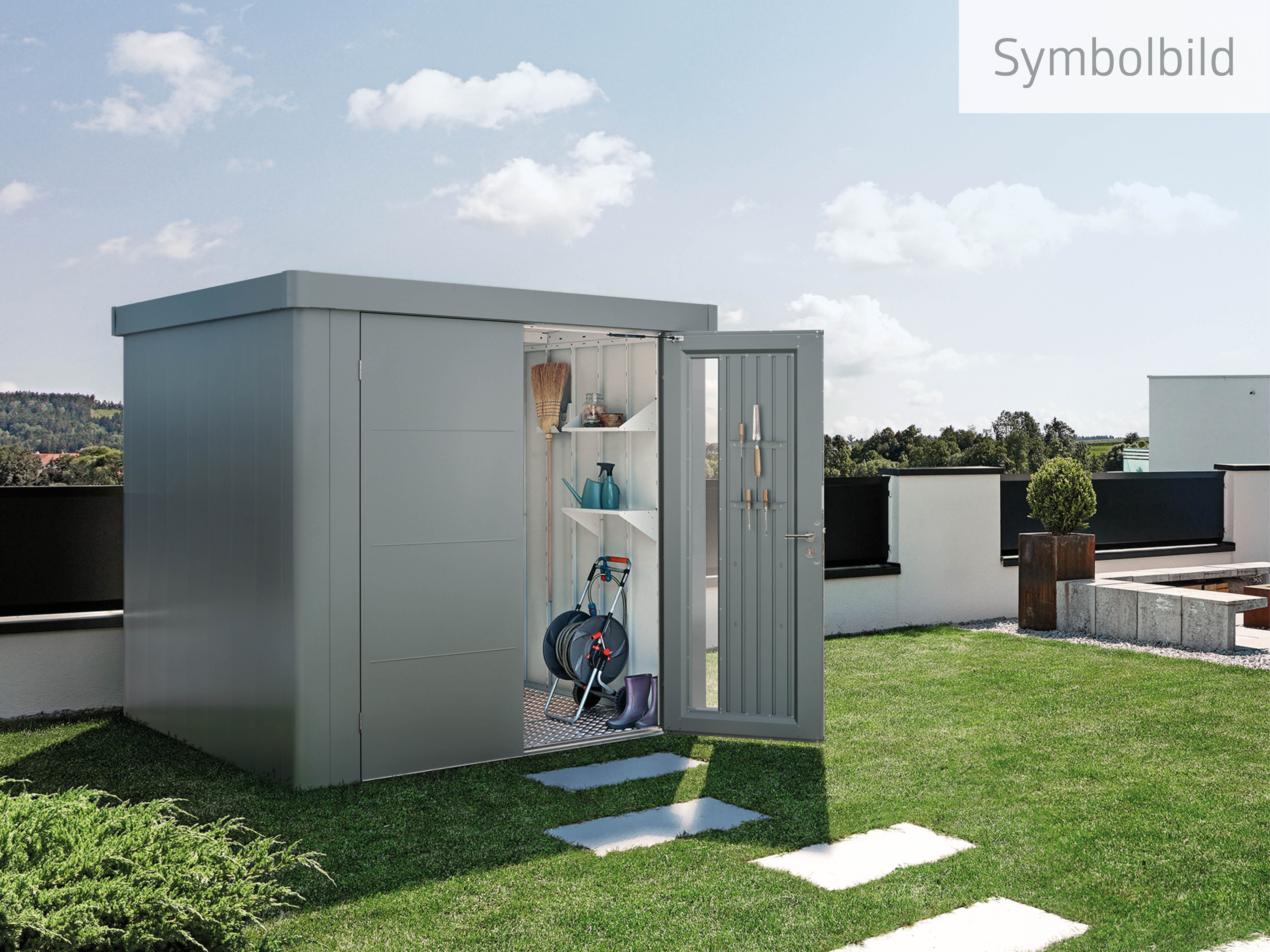 Biohort Gerätehaus "Neo Gr. 2B, verschieden Farben, mit Standardtür" aus feuerverzinktem, polyamid-einbrennlackiertem Stahlblech