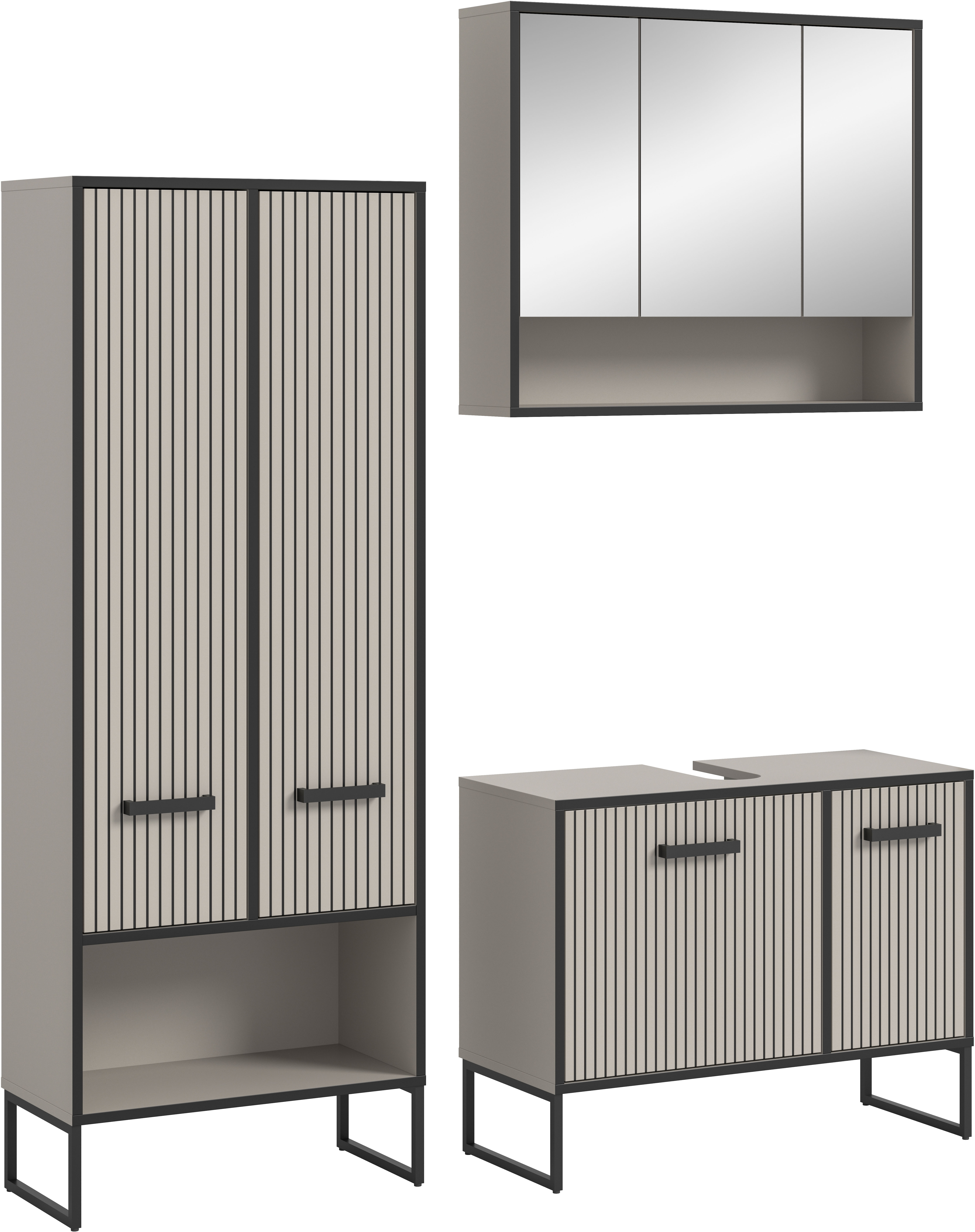 welltime Badezimmer-Set "LOCRI, 3-tlg. Badkombination, Breite 154 cm, Rillenoptik, Metallkufen" bestehend aus: Hochschrank, Waschbeckeunterschrank & Spiegelschrank, 3 Stk. tlg.