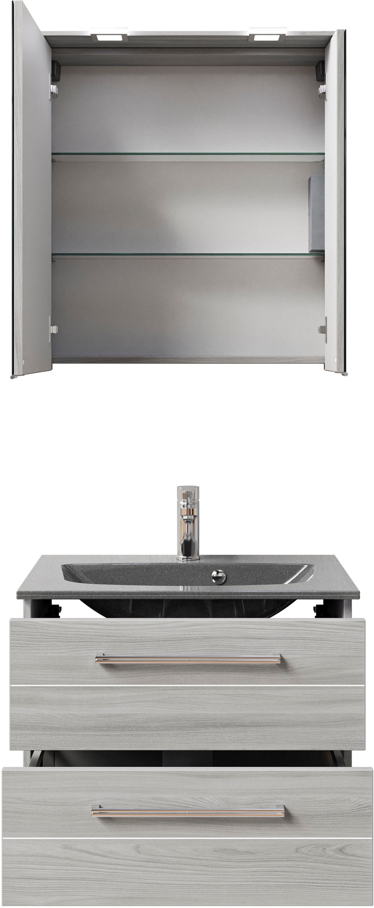 Saphir Badmöbel-Set »Serie 6025 2-teilig Mineralmarmor-Waschtisch mit LED-Spiegelschrank«, (2 St.), Waschplatz 67 cm breit, 2 Schubladen, 2 Spiegel-Türen, inkl Türdämpfer
