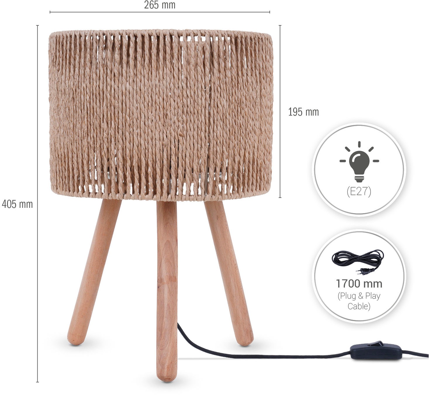 Paco Home Tischleuchte »PITA« E27 Nacht Schreib Lampenschirm Boho Holz Stativ E27