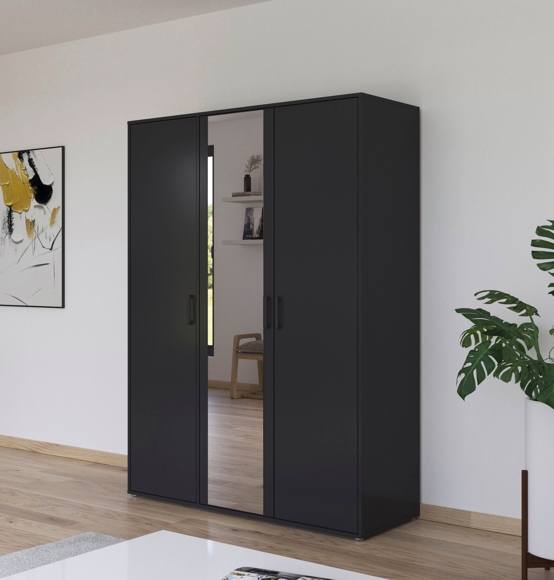 rauch Drehtürenschrank »Kleiderschrank Schrank Garderobe Wäscheschrank VOYAGER«, (in 3 verschiedenen Ausstattungen BASIC/CLASSIC/PREMIUM), mit modernen Griffen in Graumetallic und Spiegel