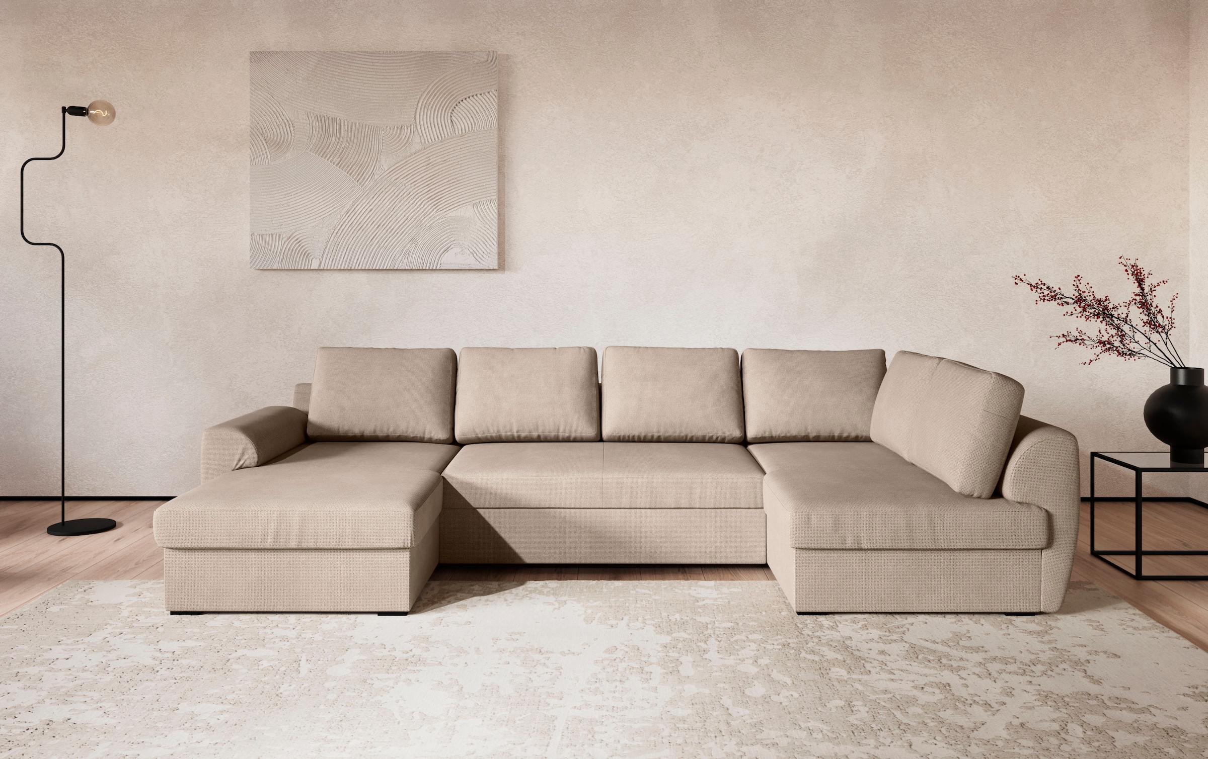 COTTA Wohnlandschaft "Drift U-Form Sofa mit Ottomane, B: 327 cm" optional auch mit Schlaffunktion, Wellenunterfederung