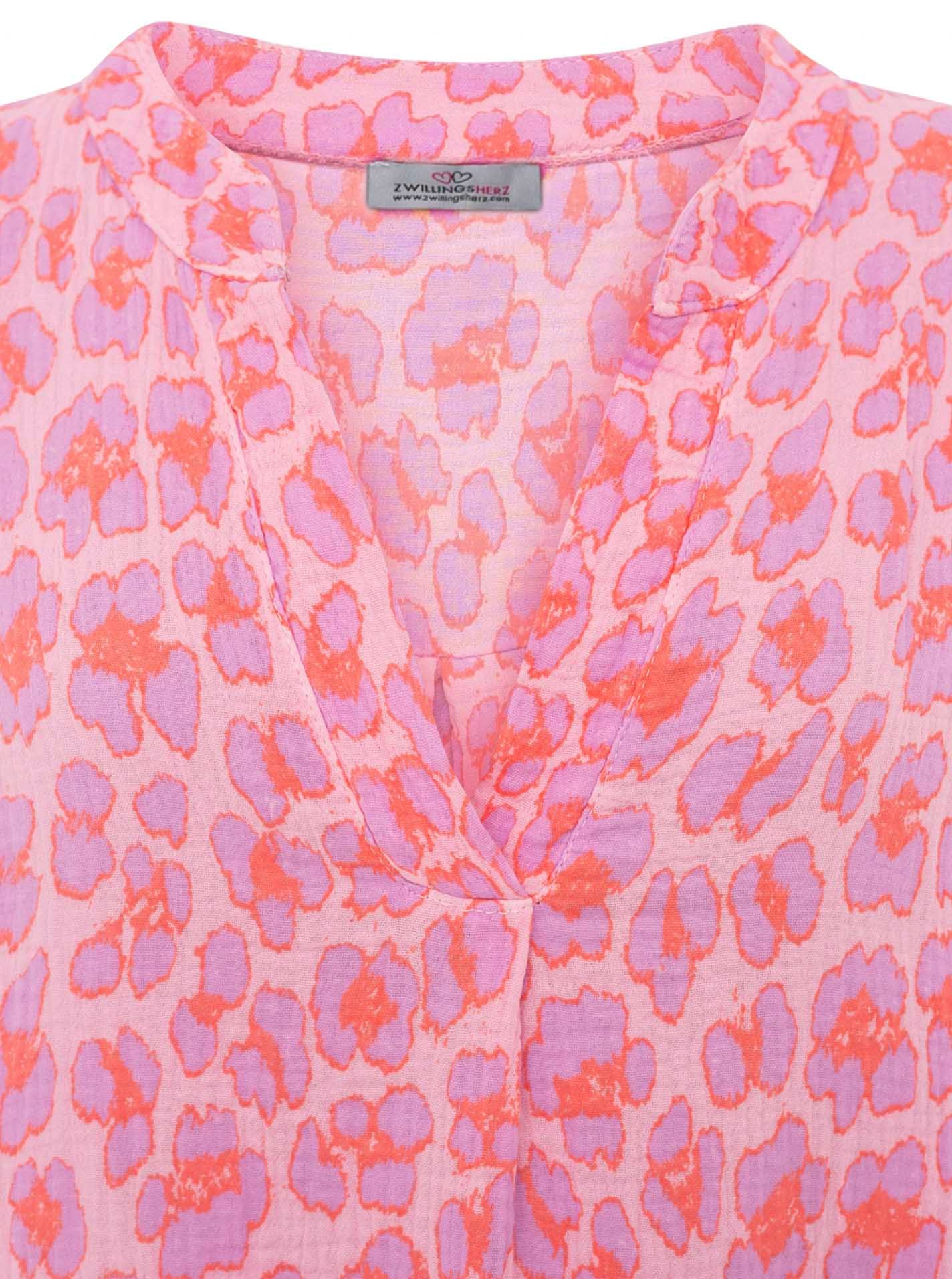 Zwillingsherz Blusentop »"Rom"« Turn-Up Ärmel, V-Neck. Leo-Muster, Musselin