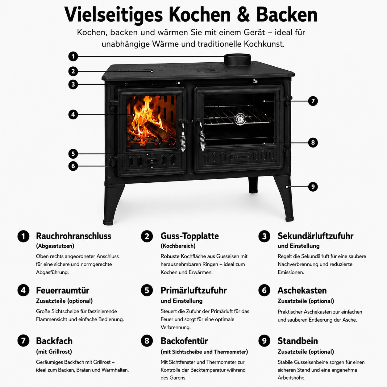 Hanseatic Festbrennstoffherd »Vesta, Gussherd, Lieferung bis ins Wohnzimmer«