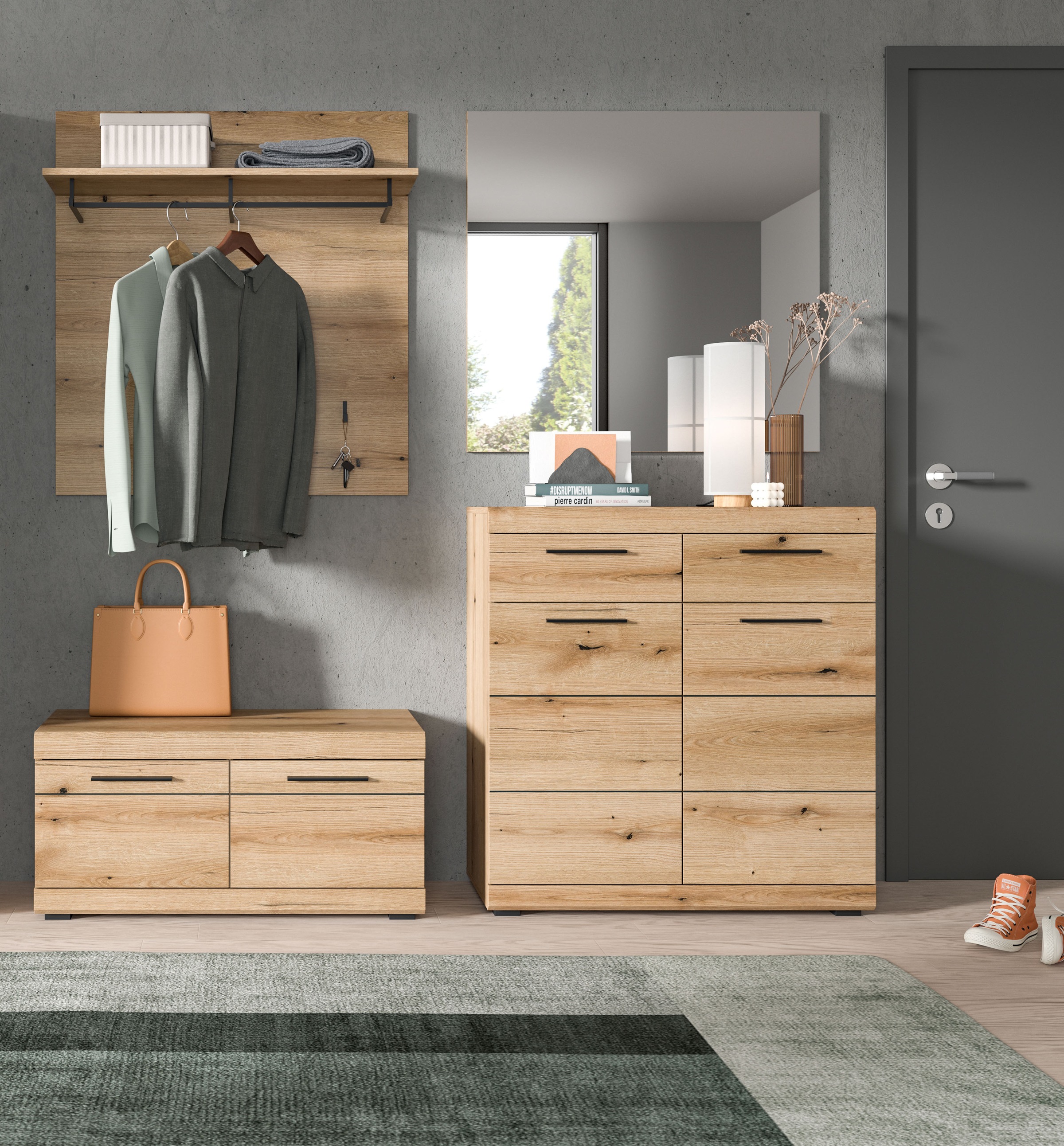 INOSIGN Garderoben-Set »Siena, Fronten mit hochwertiger Rillenfräsung, 4-teilig,bestehend aus:«, (Komplett-Set, 4 St.), Scout Garderobenkombination 4-tlg., Flur, Diele