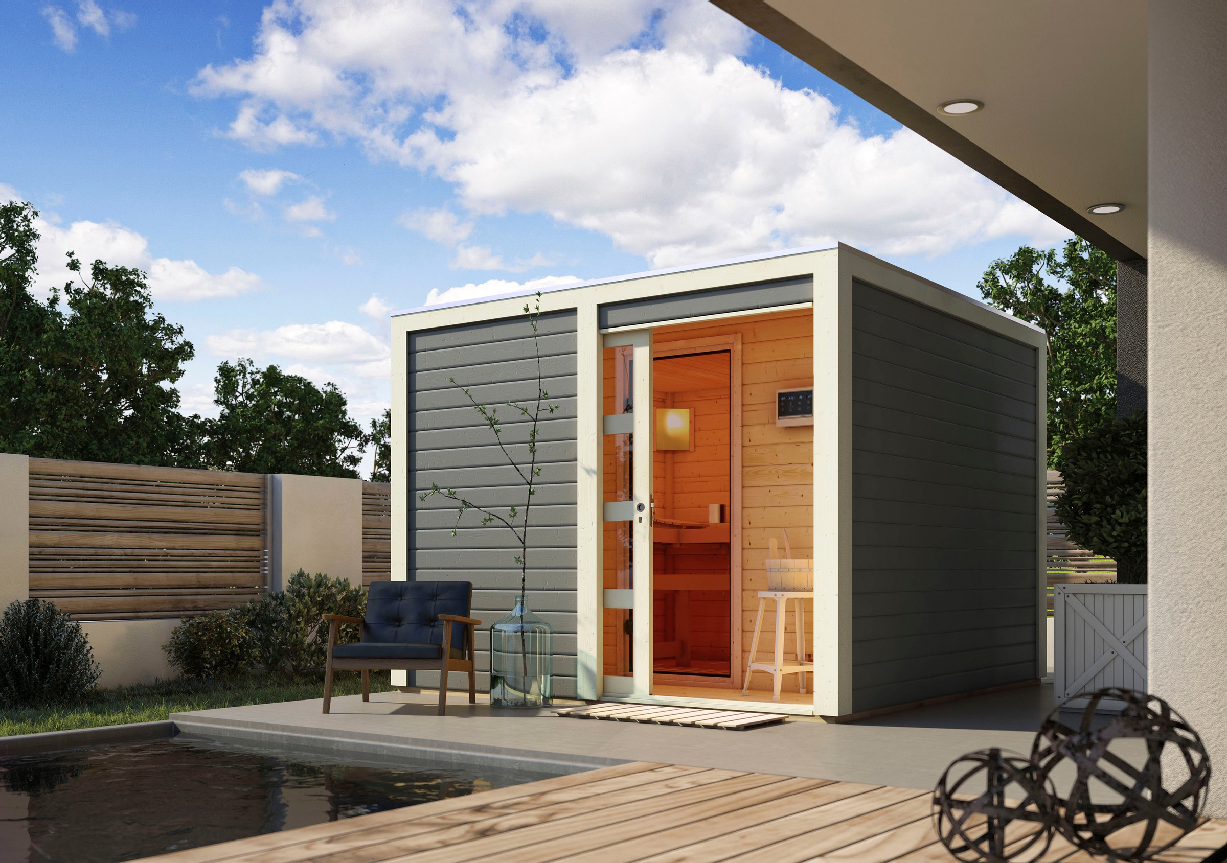 KONIFERA Saunahaus »Ruben«, terragrau, mit Ofen 9 kW Bio ext. Steuerung Easy