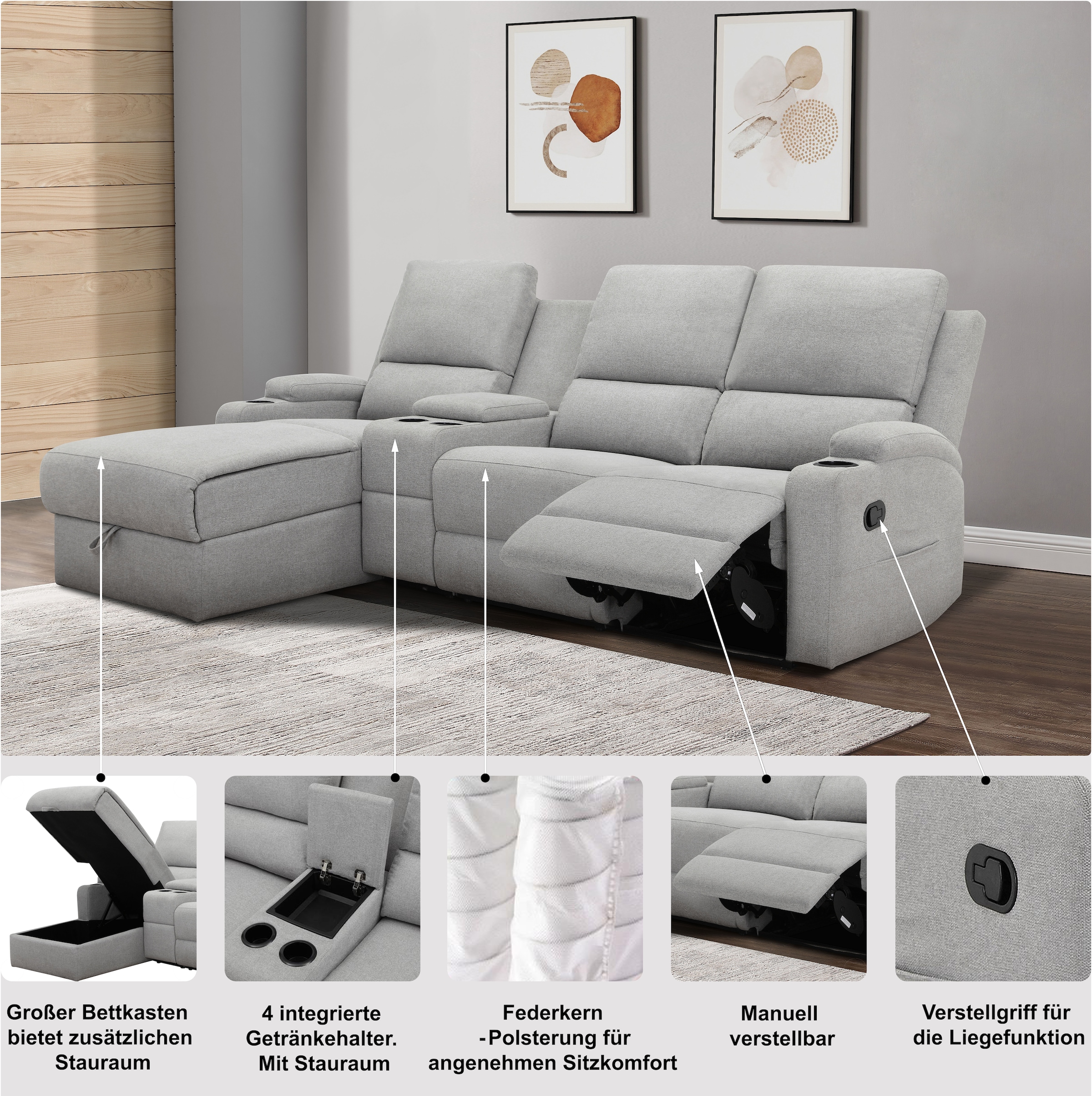 Home affaire Ecksofa »NAPORI Multimediasofa, 3er Kinosessel XXL, L-Form, 3 Bezugsstoffe« Kinosofa mit Relaxfunktion, Getränkehalter, Staufach und Staukasten