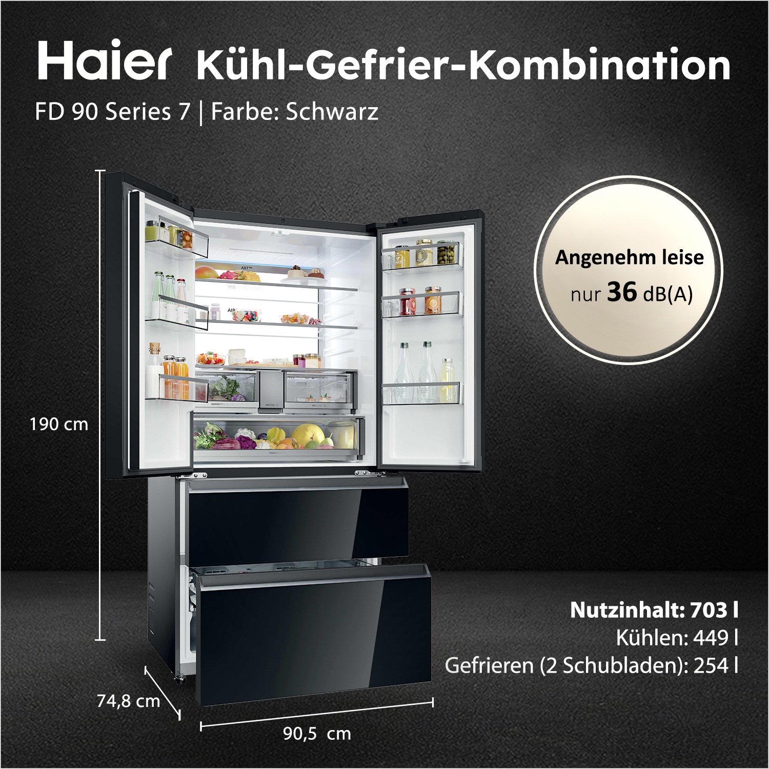 Haier Kühl-/Gefrierkombination "HFR79F19DFGB" 190 cm hoch 90,5 cm breit Int günstig online kaufen