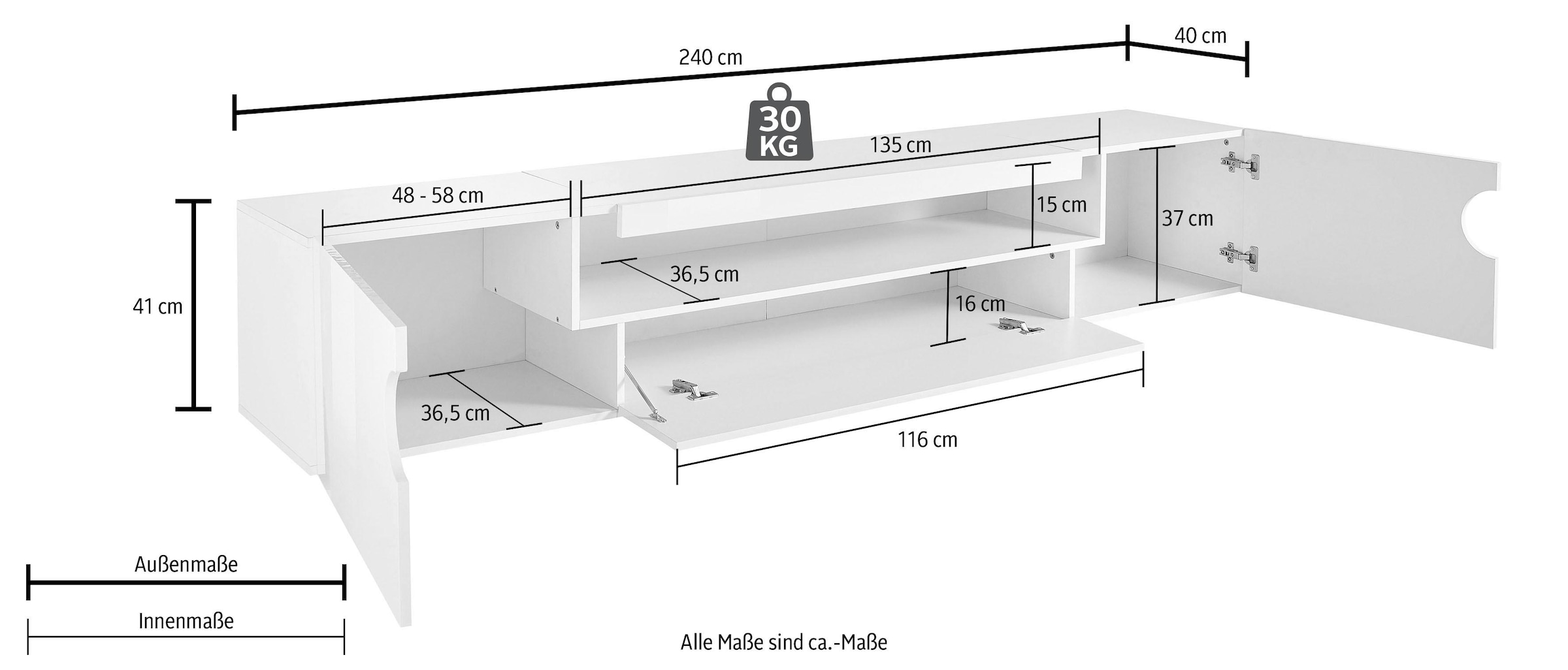 INOSIGN Lowboard »Real, Breite 240 cm,TV-Kommode, TV-Möbel, komplett Hochglanz lackiert«, mit 2 abgerundeten Türen,1 Klappe, die ein ovales offenes Fach bilden