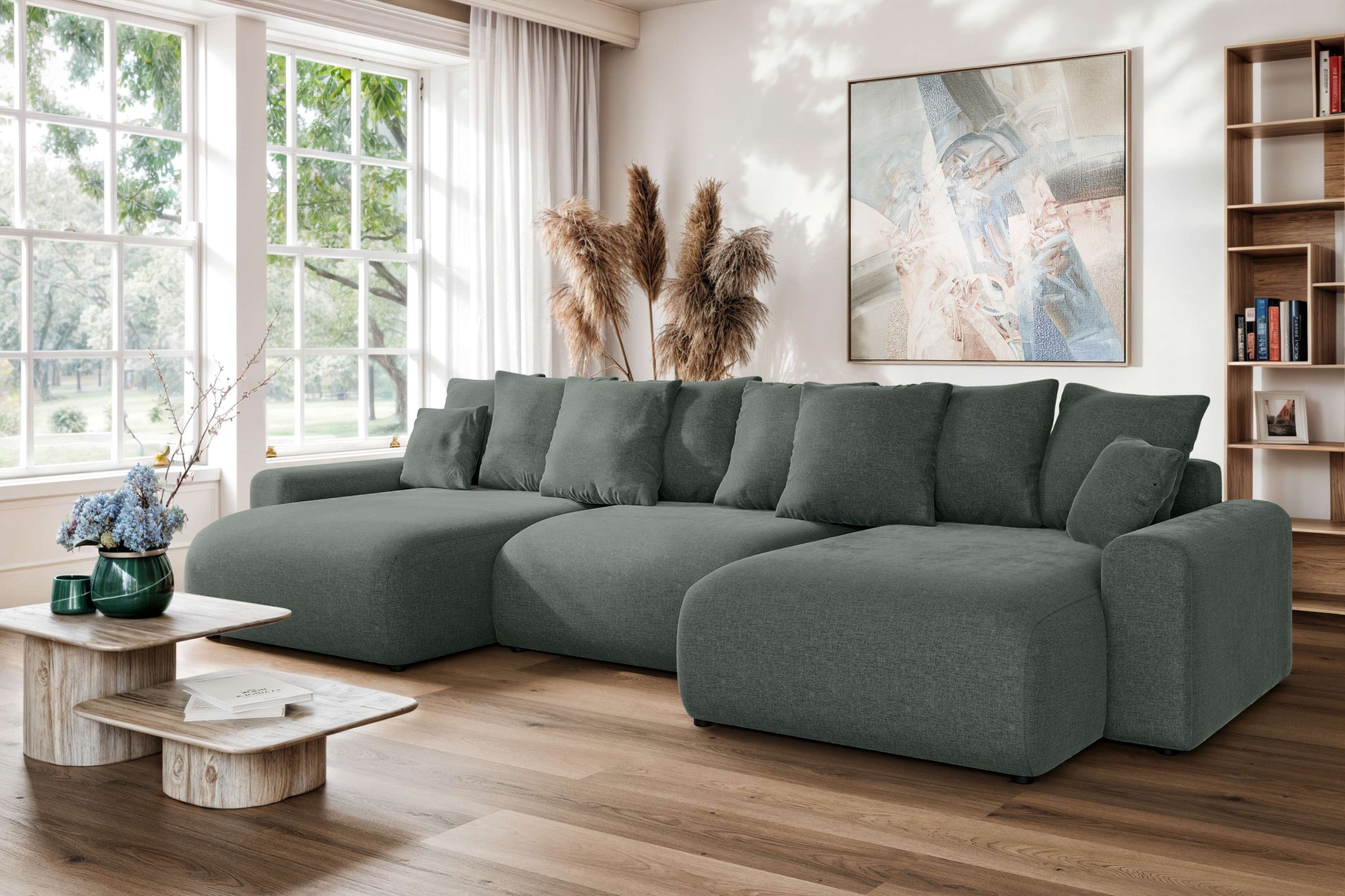 Home affaire Wohnlandschaft »LAKESIDE mit Bettfunktion und Bettkasten, Maße B/T/H: 332,5/142/84 cm«, U‑Form mit vielen Kissen und Wellenunterfederung